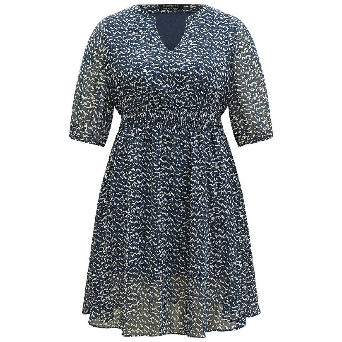 Plus Size Bird Print Notched Shirred Lantern Sleeve Dress Blue Women Office Elastic cuffs Notched collar Half Sleeve Curvy Midi Dress BloomChic 26/4X Product Image