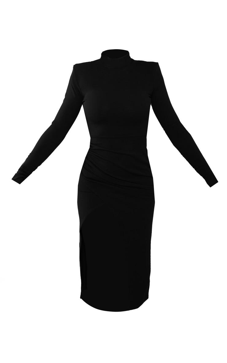Black Crepe High Neck Split Sleeve Midi Dress Product Image