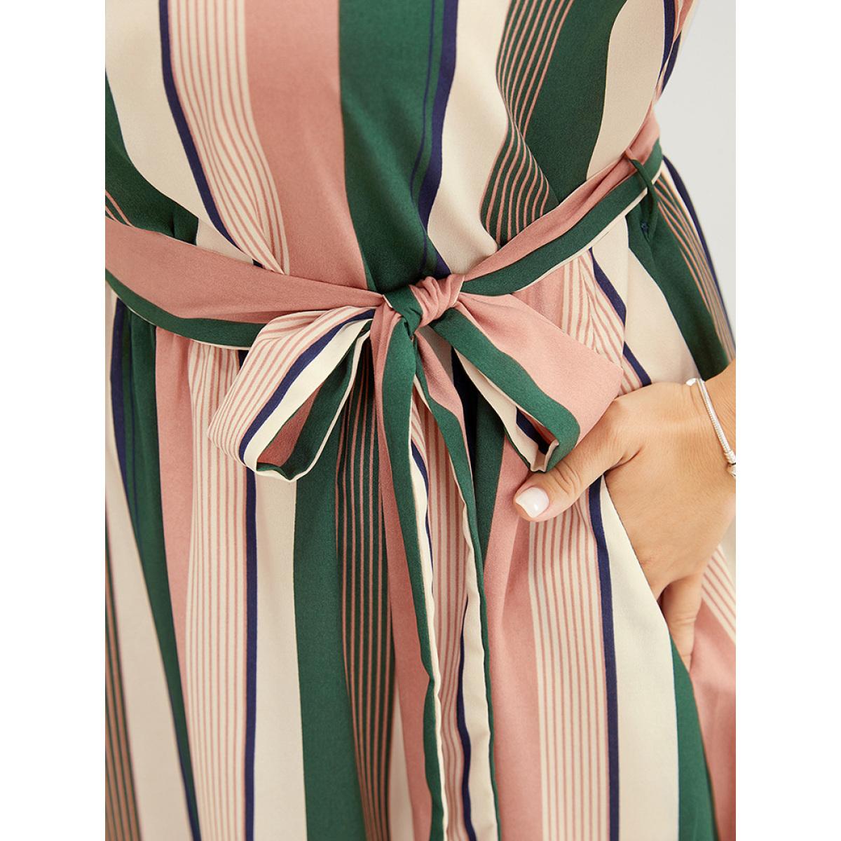 Plus Size Striped Contrast Cap Sleeve Belted Pocket Ruffle Hem Dress Multicolor Women Vacation Contrast V-neck Cap Sleeve Curvy Knee Dress BloomChic 30/6X Product Image