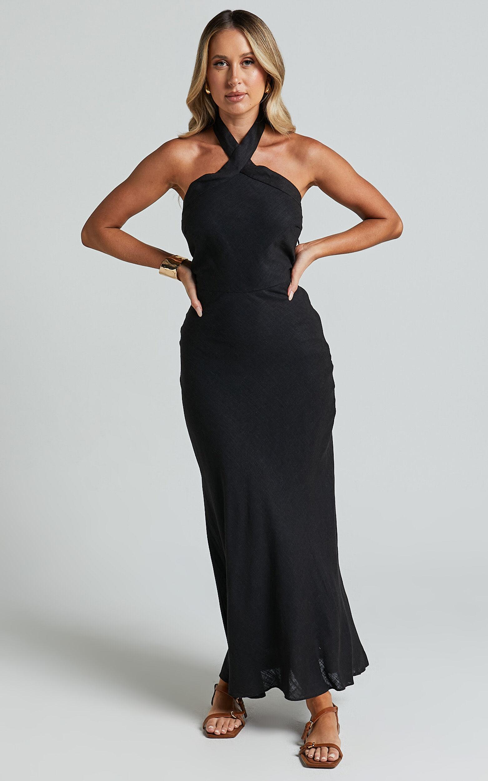 Maelynn Midi Dress - Linen Twist Halter Neck Low Back Slip Dress in Black Product Image