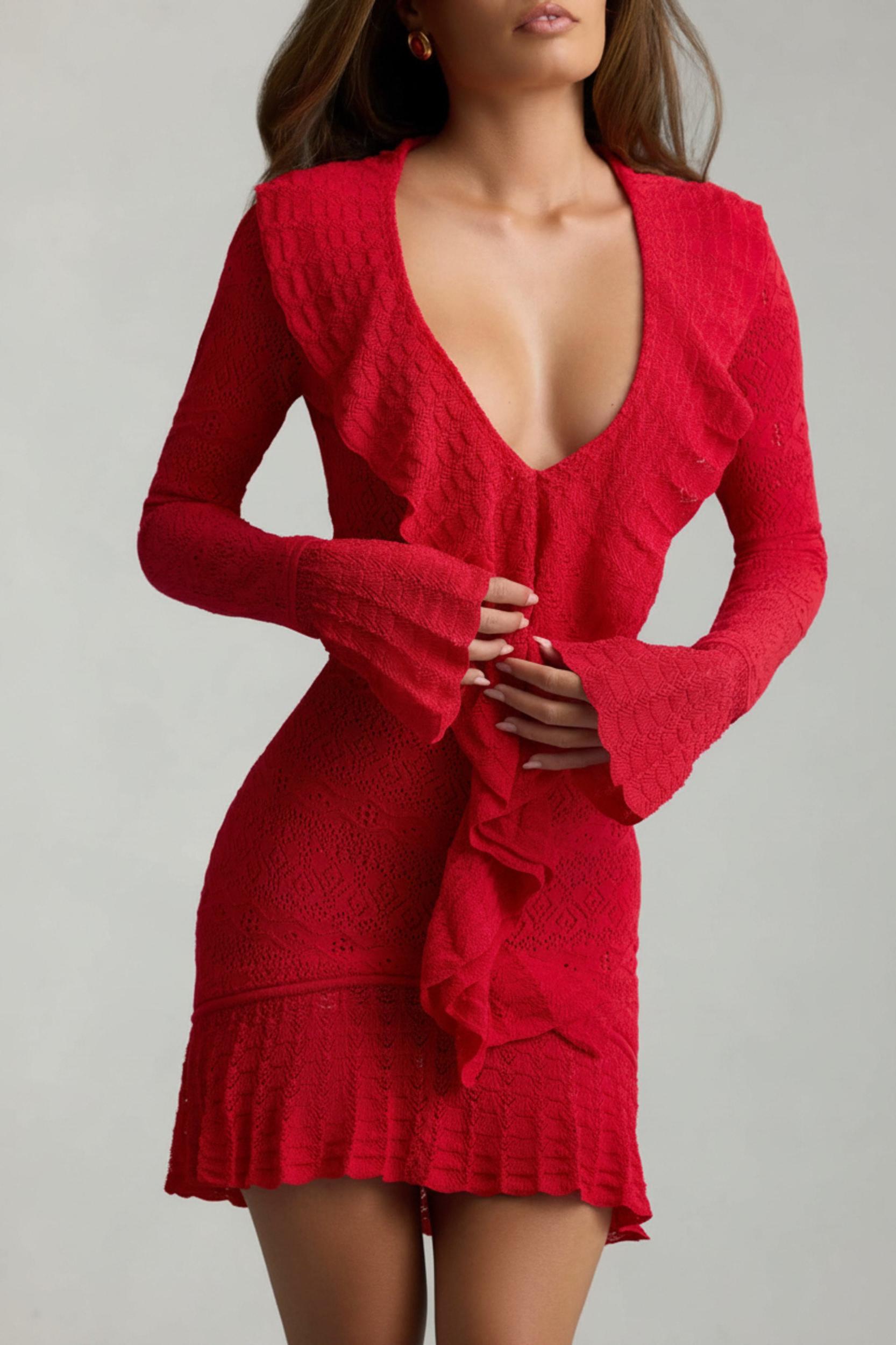 Ruffle-Trim Pointelle-Knit Mini Dress in Scarlet Red Product Image