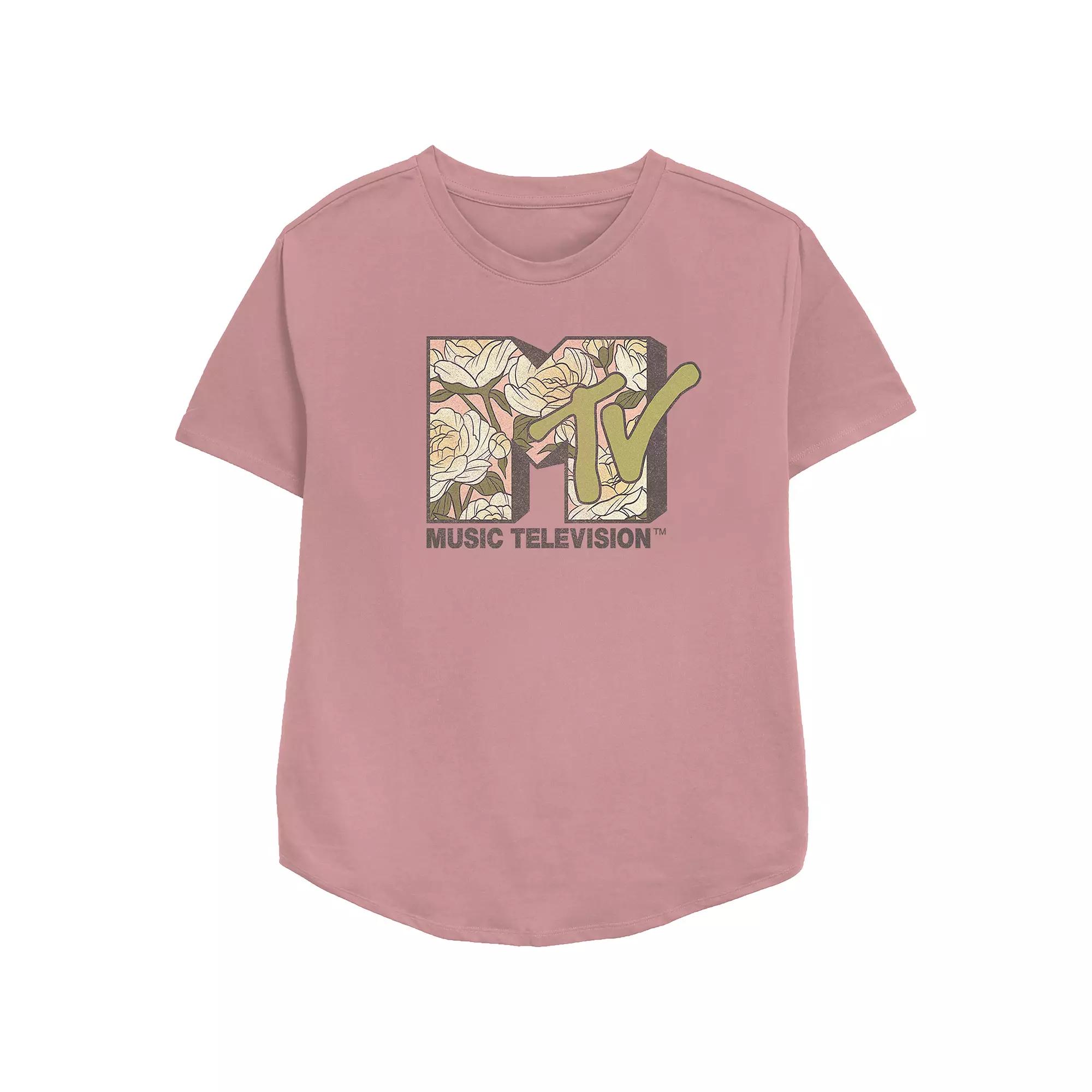 Women's MTV Flower And Leaf Pattern Logo Relaxed Fit Graphic Tee, Girl's, Size: Small, Pink Product Image