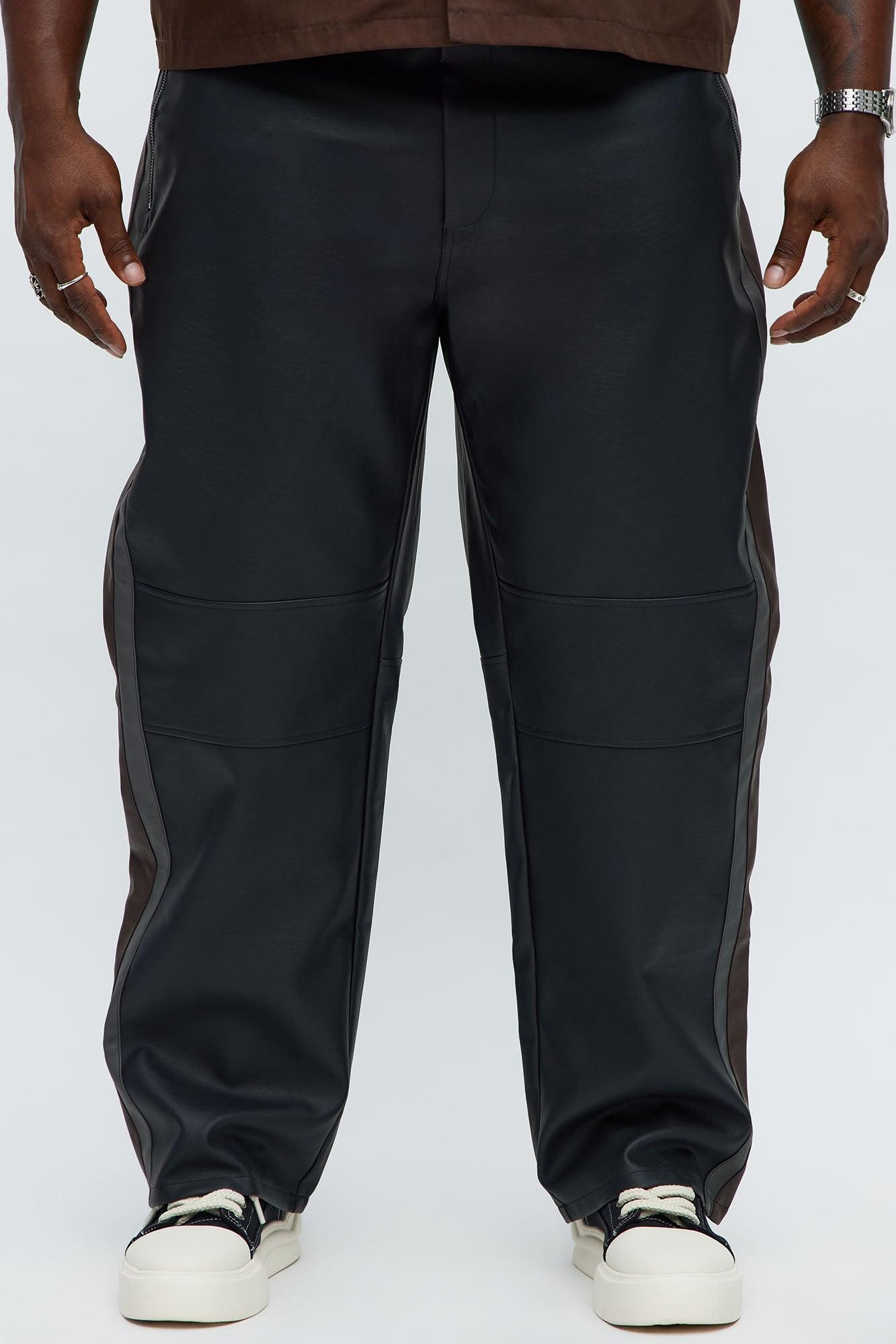 Relaxed Straight Two Way Panel Faux Leather Pants - Black/combo Male Product Image