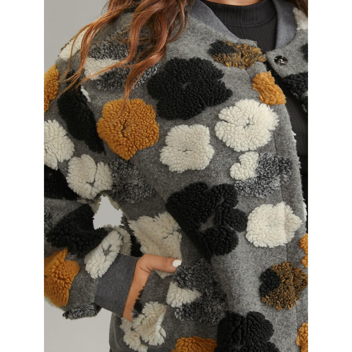 Plus Size Floral Contrast Button Up Jacquard Fluffy Jacket Women Gray Elastic cuffs Pocket Dailywear Jackets BloomChic 12/L Product Image