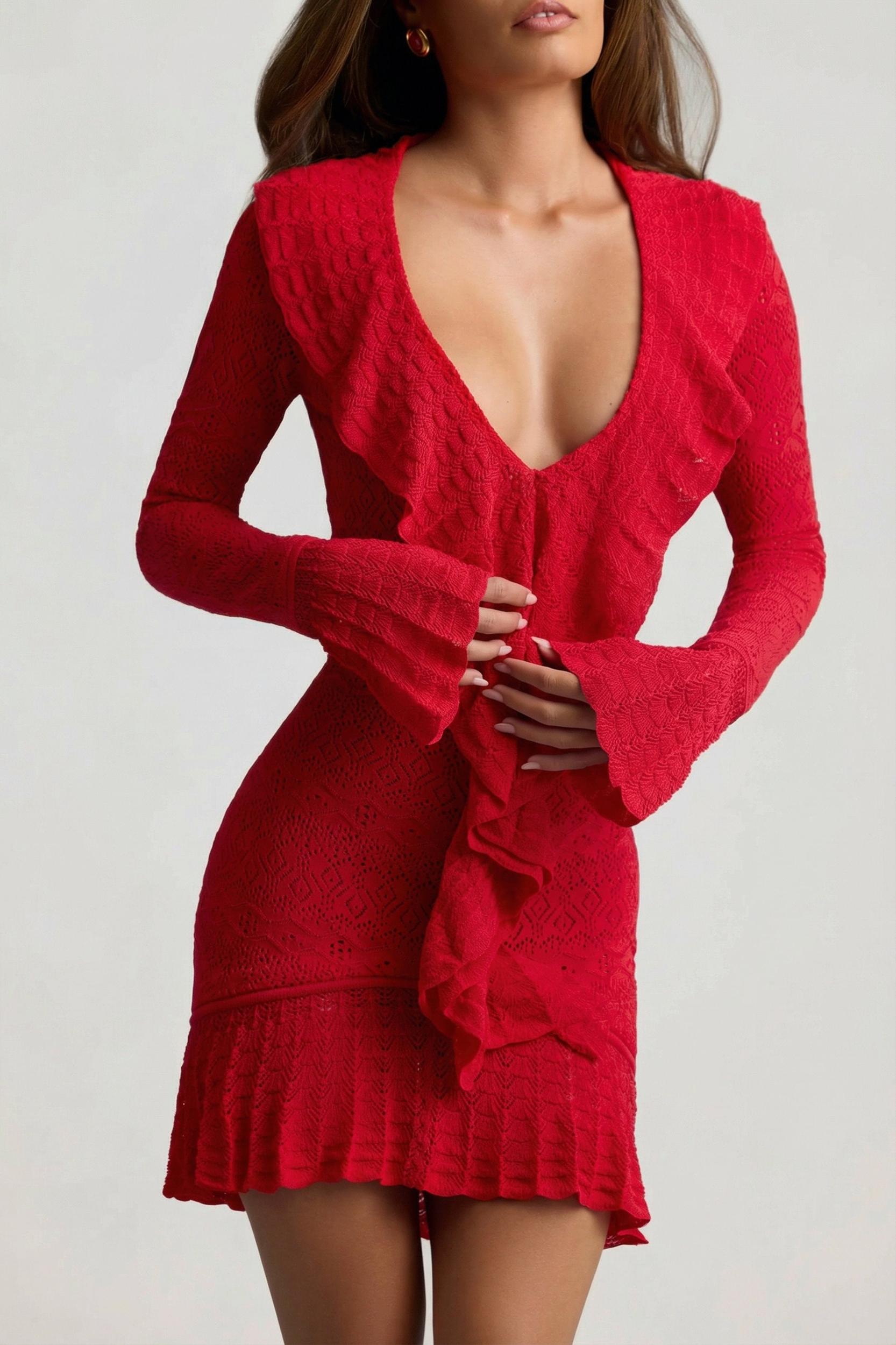 Ruffle-Trim Pointelle-Knit Mini Dress in Scarlet Red Product Image