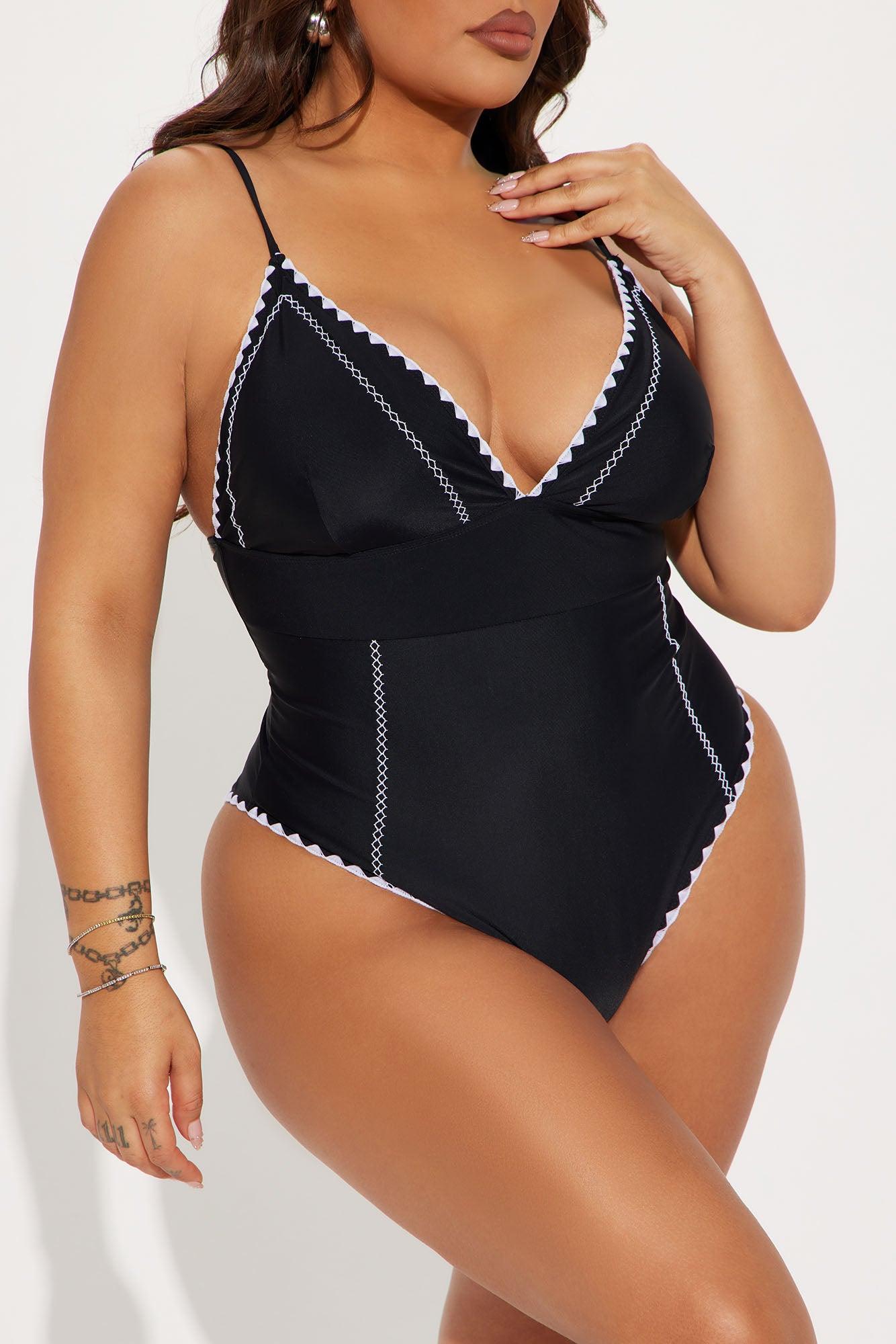 Summers On The Coast Contrast Threading 1 Piece Swimsuit - Black/White Product Image