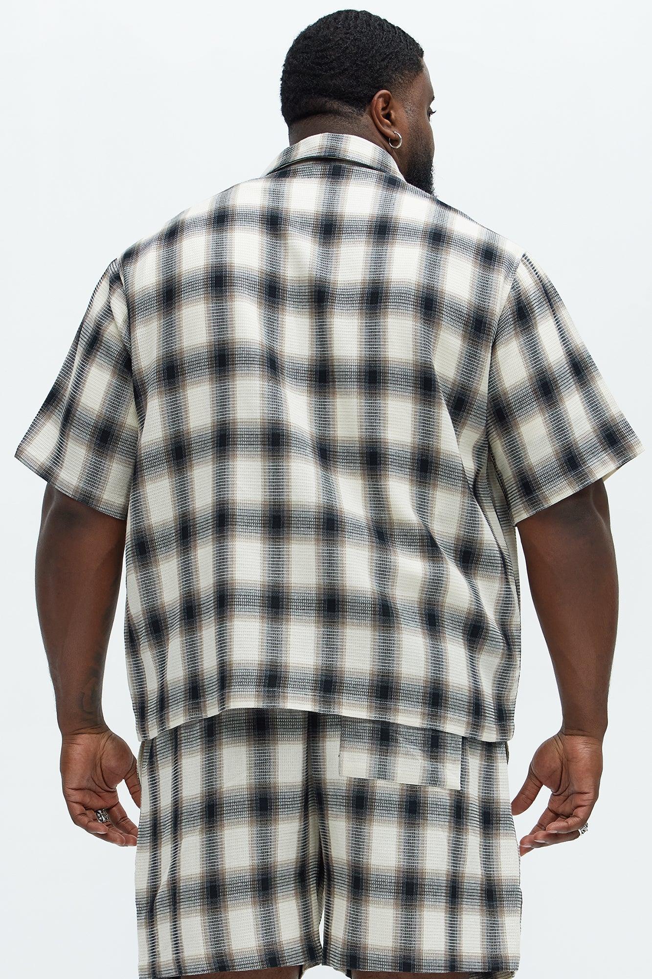 Plaid Waffle Texture Button Up Shirt - Black/combo Product Image