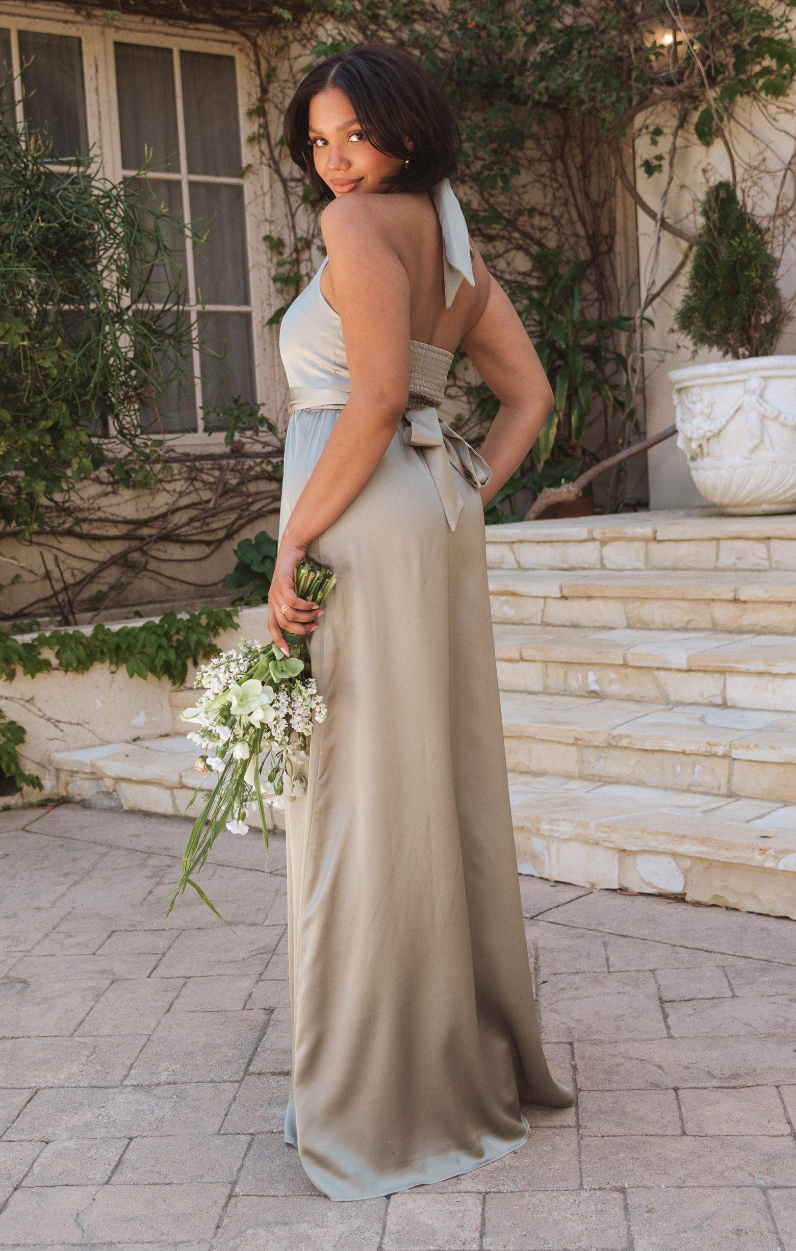 Hazel Halter Maxi Dress ~ Moss Green Luxe Satin Product Image