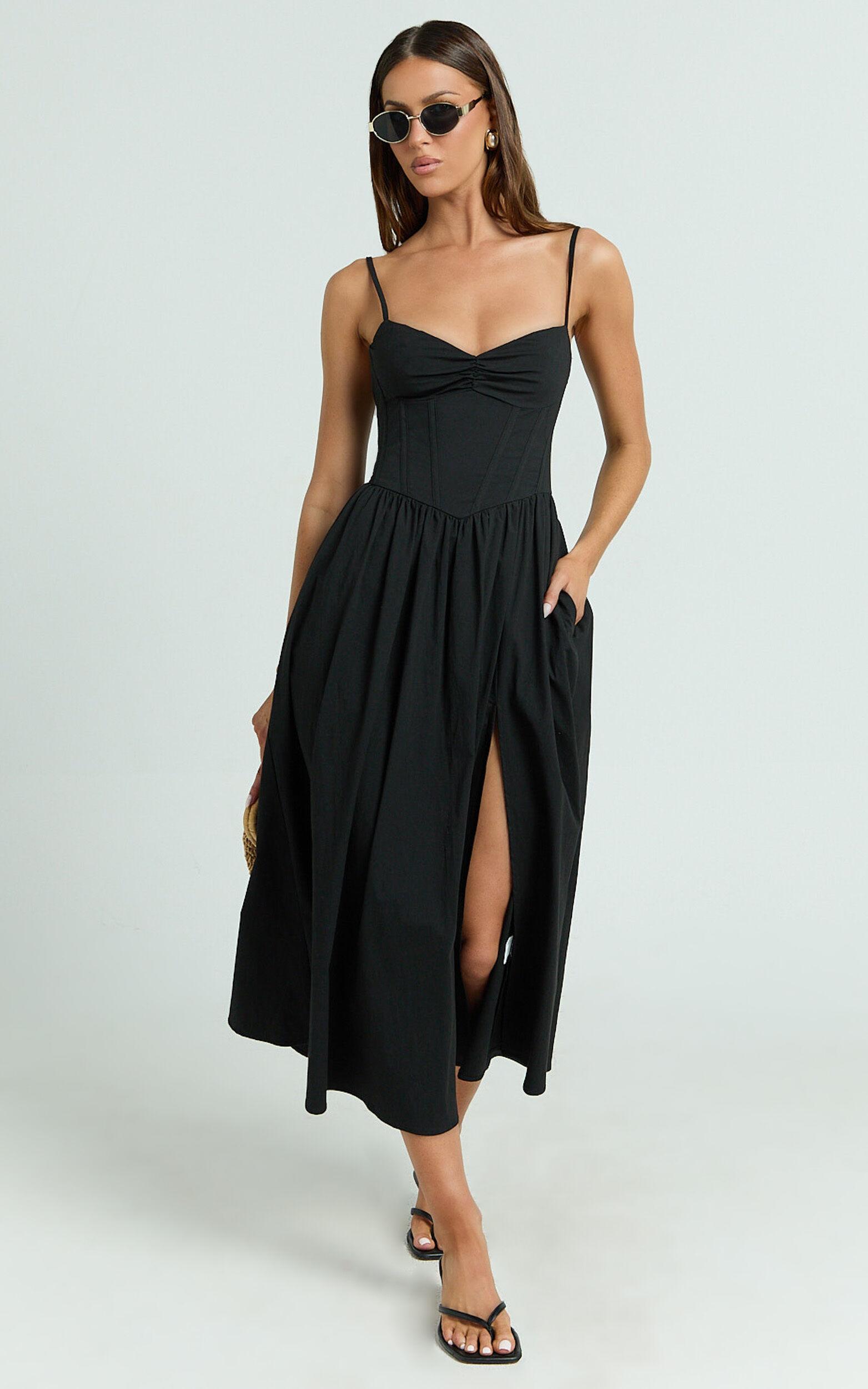 Maddie Midi Dress - Sweetheart Fit And Flare Gathered Dress in Black Product Image