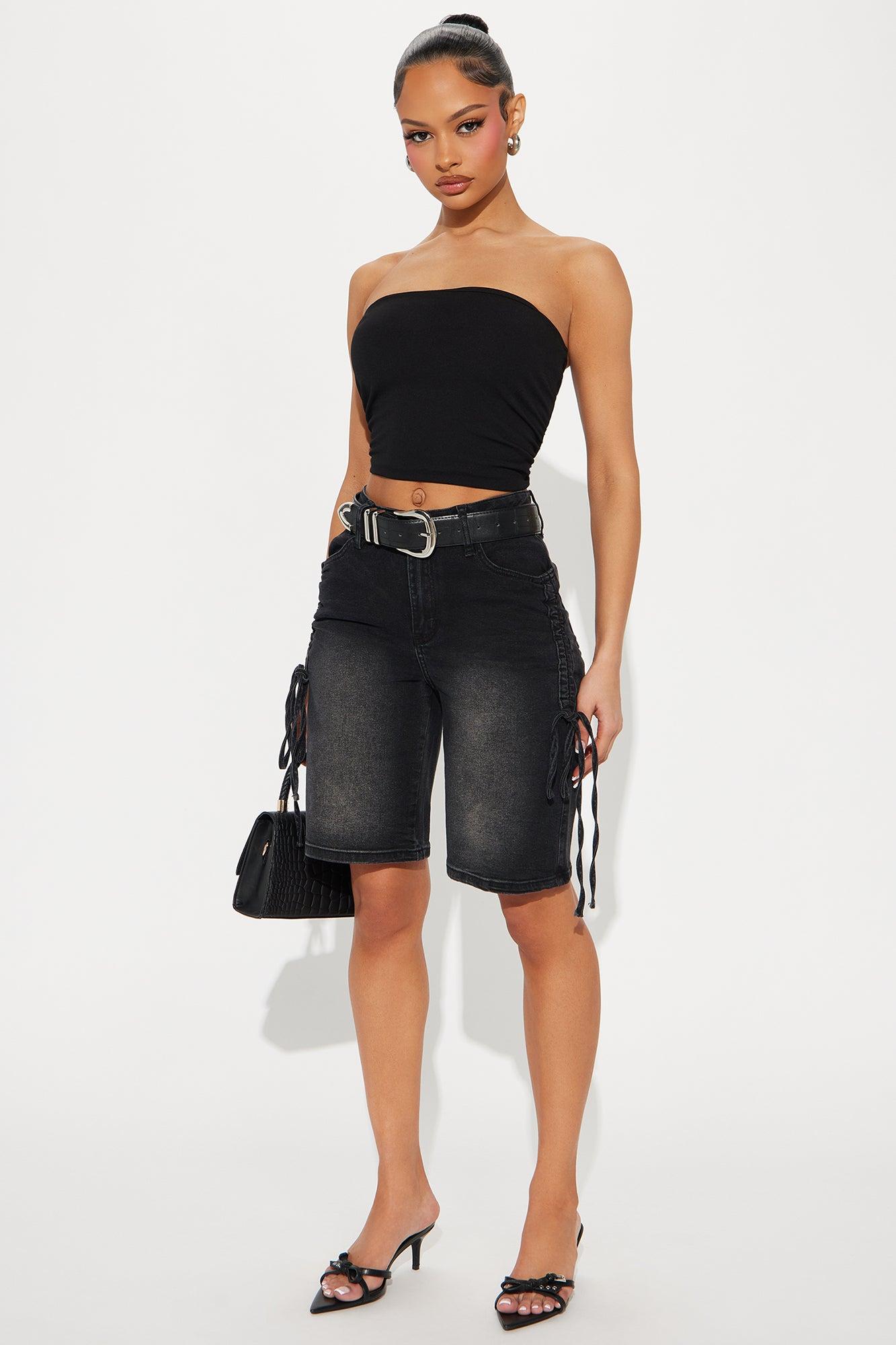 Ryanna Ruched Denim Bermuda Shorts - Black Wash Product Image