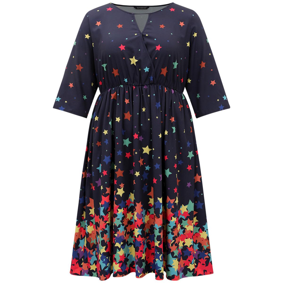 Plus Size Star Print Keyhole Pocket Elastic Waist Dress Indigo Women Elegant Printed Keyhole Cut-Out Elbow-length sleeve Curvy Midi Dress BloomChic 10/M Product Image