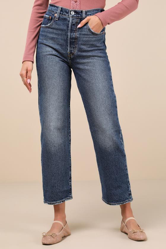 Ribcage Dark Wash Straight Ankle Denim Jeans Product Image
