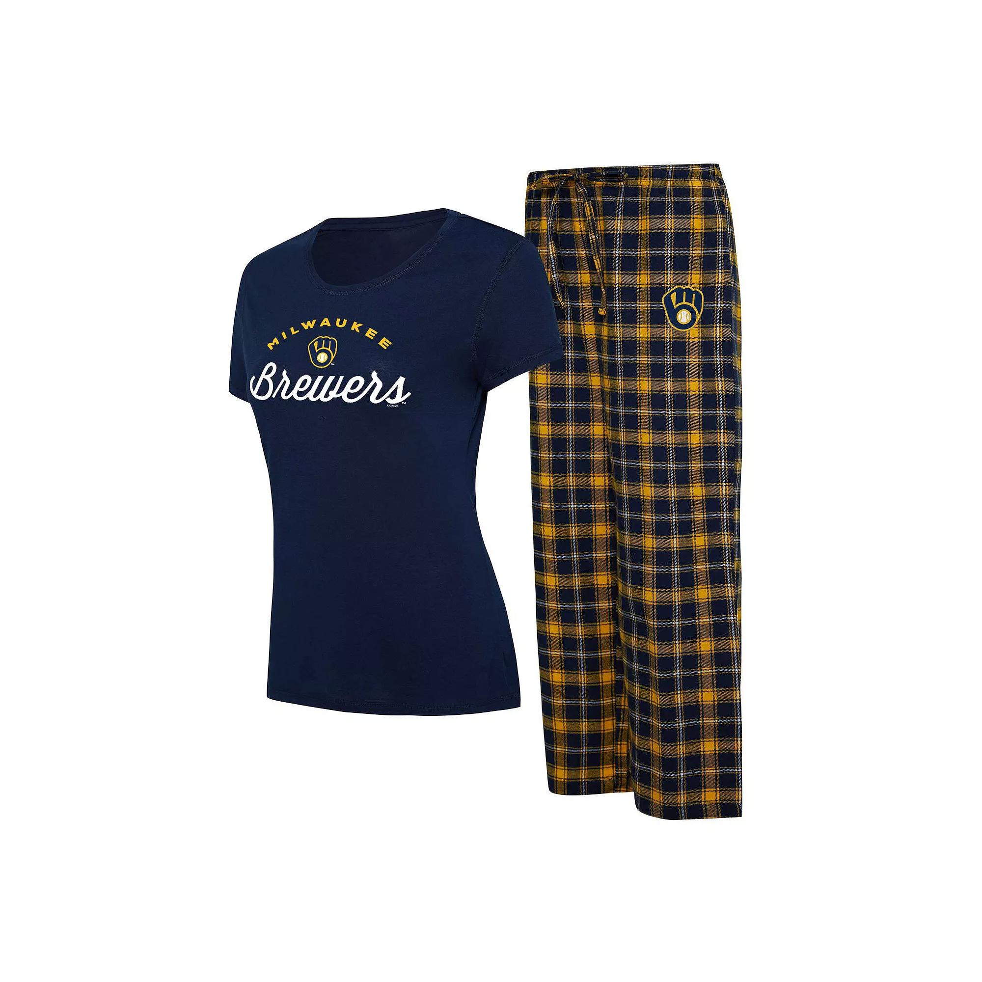 Women's Concepts Sport Navy/Gold Milwaukee Brewers Arctic T-Shirt & Flannel Pants Sleep Set, Size: Medium, Blue Product Image