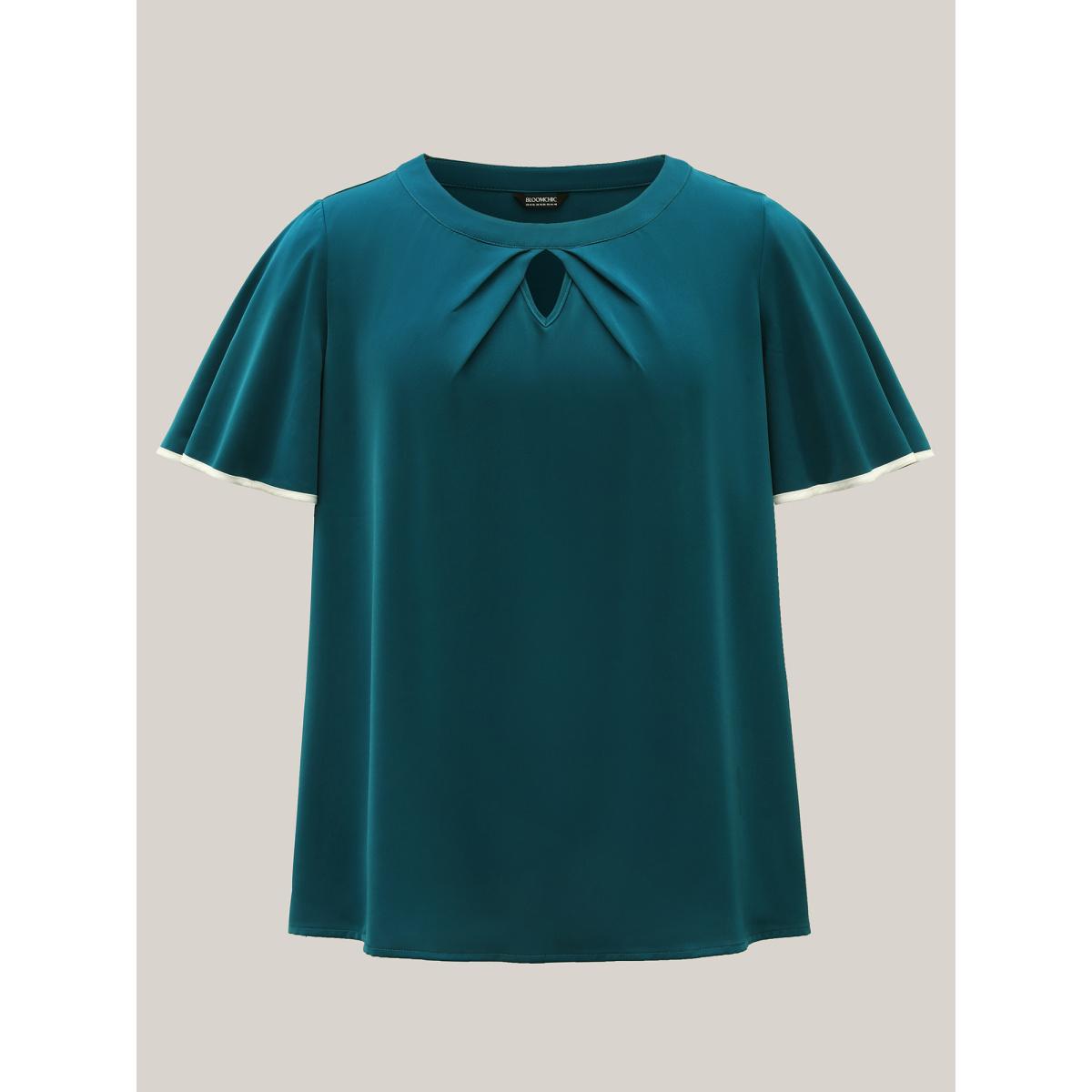 Plus Size Aegean Flared Sleeve Keyhole Solid Blouse Women Short sleeve Round Neck Work Blouses BloomChic 22-24/3X Product Image
