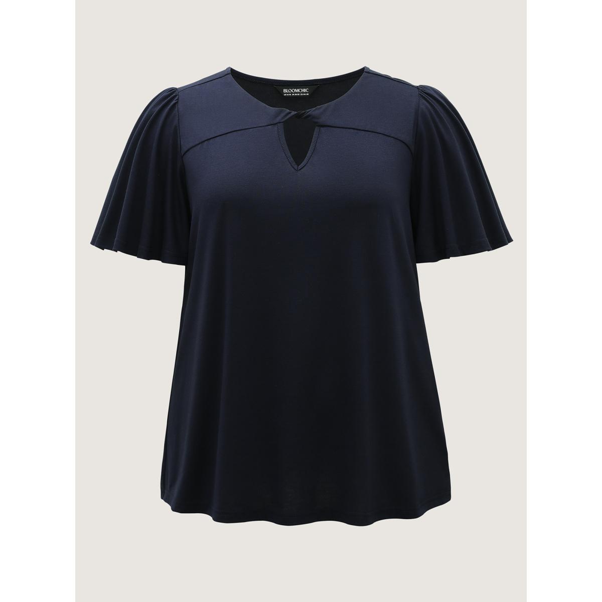 Plus Size Neck-Tie Flared Sleeve Solid T-Shirt Indigo Women Twist Round Neck Everyday-Casual T-shirts BloomChic 22-24/3X Product Image