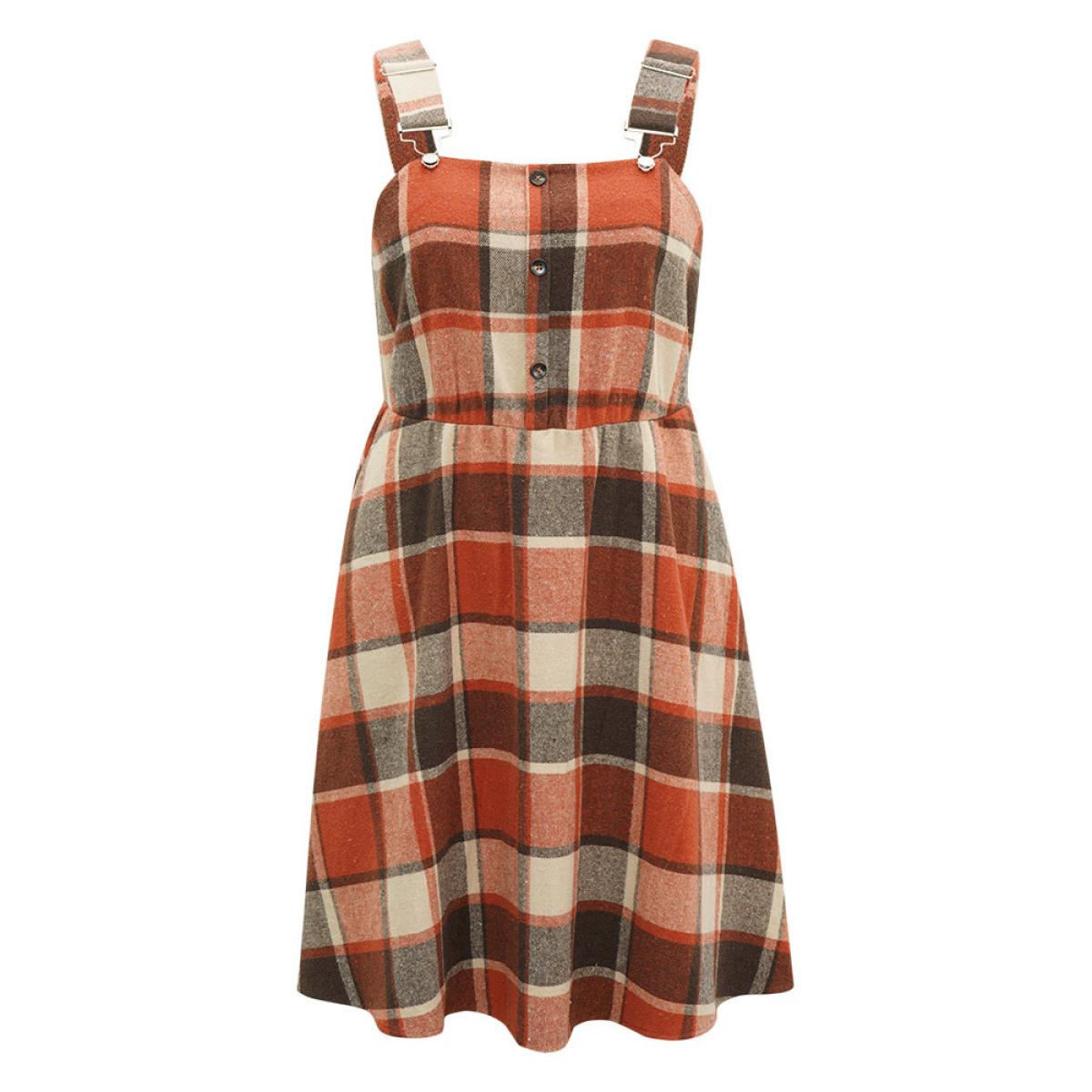Plus Size Plaid Elastic Waist Button Detail Adjustable Straps Dress Chocolate Women Casual Adjustable Straps Spaghetti Strap Sleeveless Curvy Midi Dress BloomChic 22-24/3X Product Image
