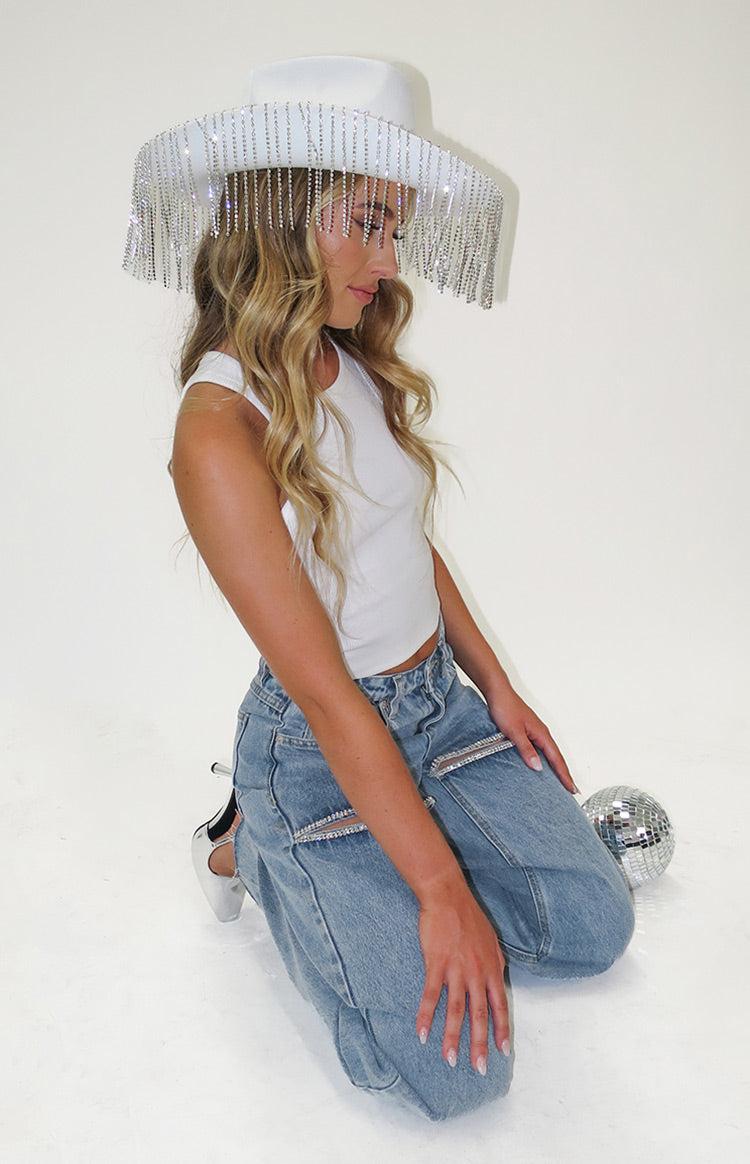 Gem Diamante Trim Wide Leg Denim Jeans Product Image