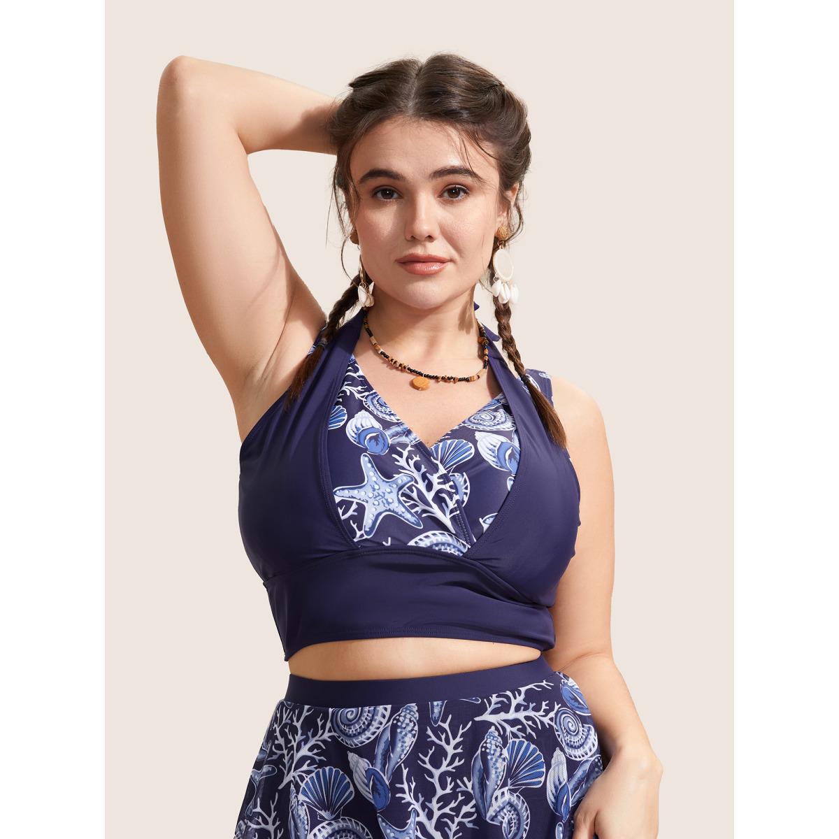Plus Size Marine Elements Patchwork Tie Knot Swim Top Women's Swimwear Indigo Beach Cross straps High stretch Skinny V-neck Curve Swim Tops BloomChic 26/4X Product Image