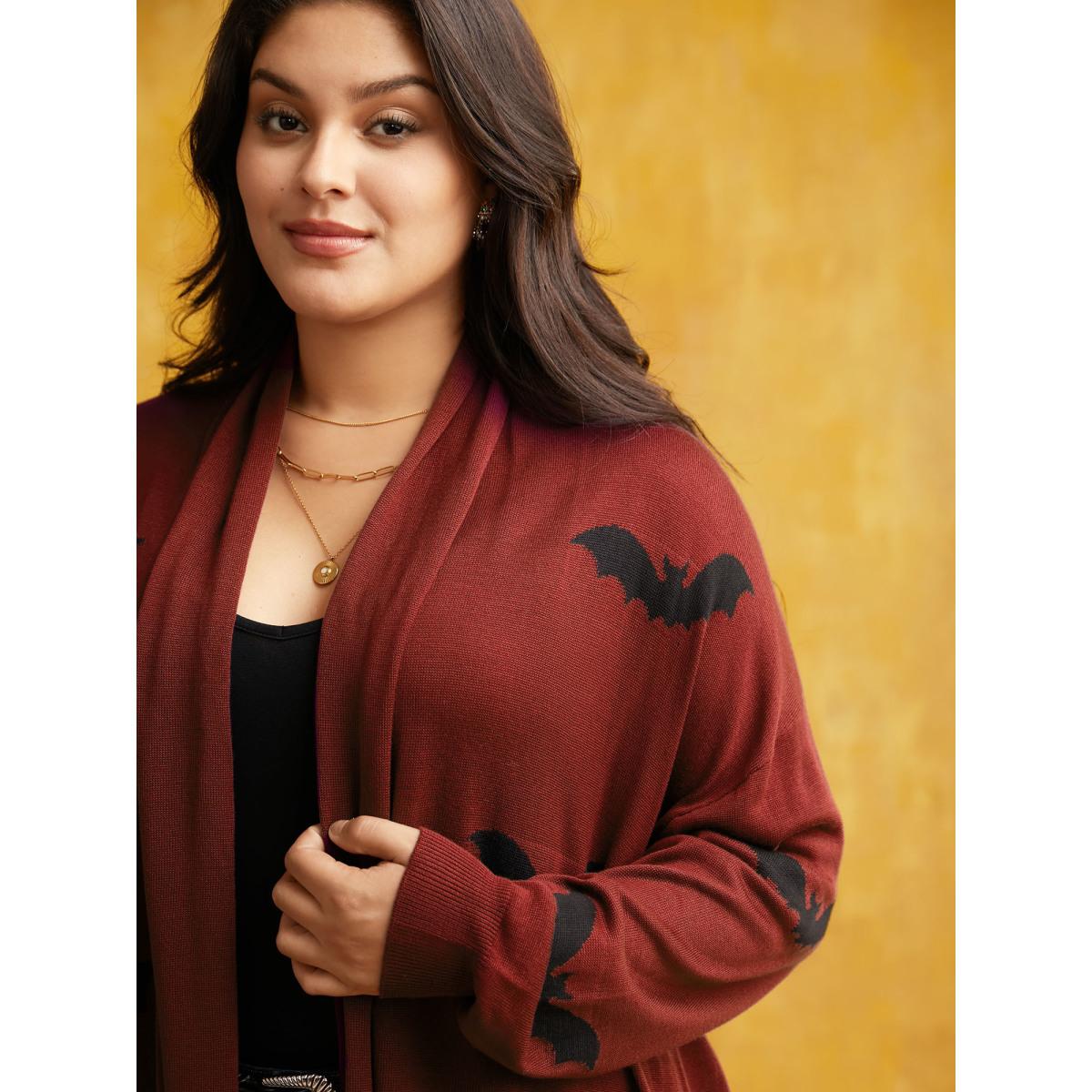 Plus Size Supersoft Essentials Halloween Bat Pattern Lapel Collar Cardigan Rust Women Playful Loose Long Sleeve Casual Cardigans BloomChic 30/6X Product Image