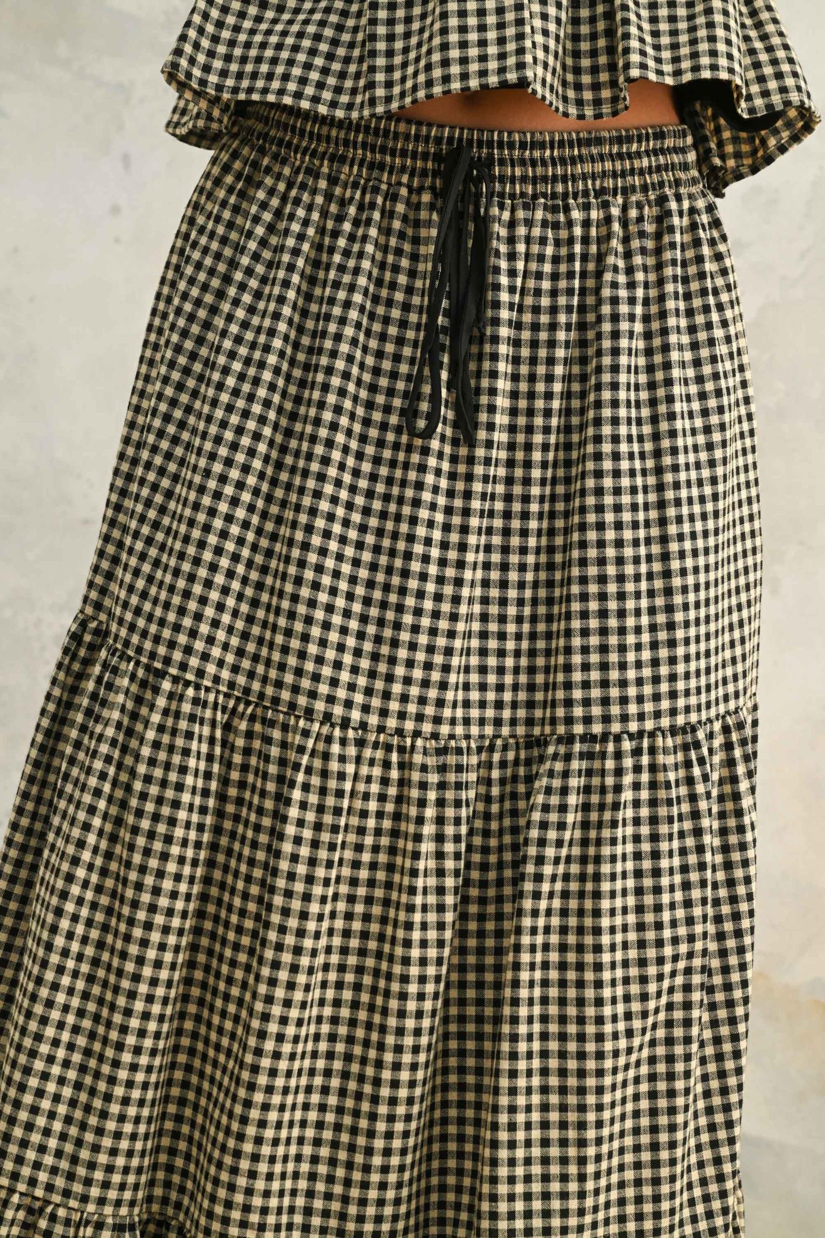 Gingham Tiered Maxi Cotton Skirt Product Image