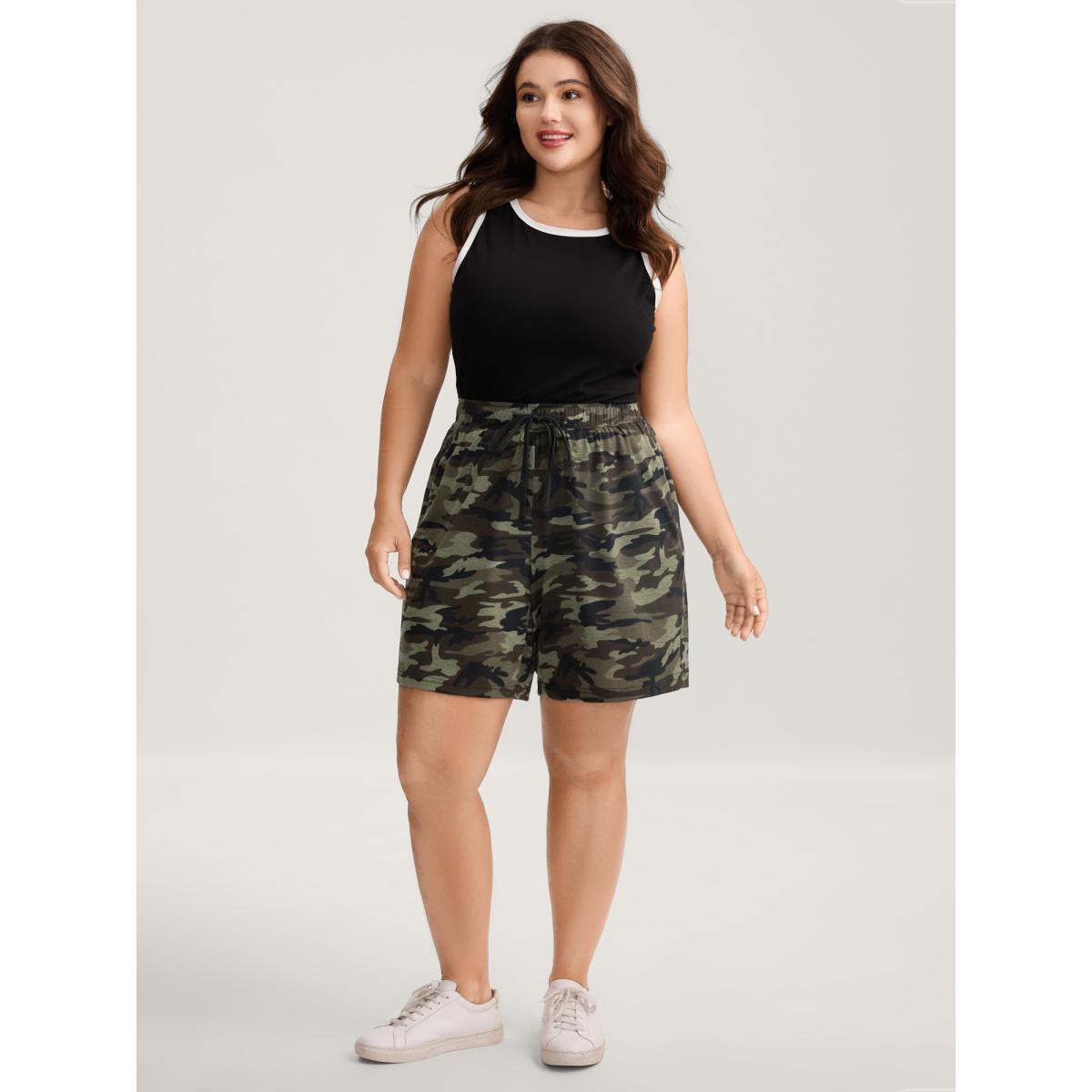 Plus Size Camouflage Print Drawstring Straight-Leg Shorts Women ArmyGreen Casual Drawstring Straight Leg Everyday-Casual Shorts BloomChic 14-16/1X Product Image