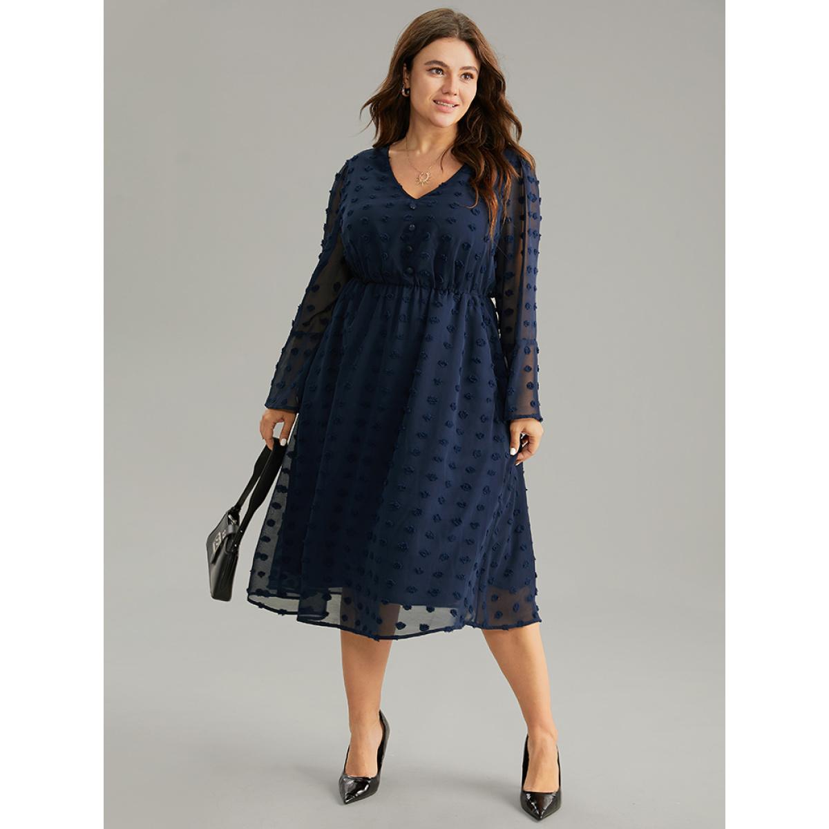Plus Size Plain Texture Elastic Waist Jacquard Dress Indigo Women At the Office Texture V-neck Long Sleeve Curvy Midi Dress BloomChic 12/L Product Image