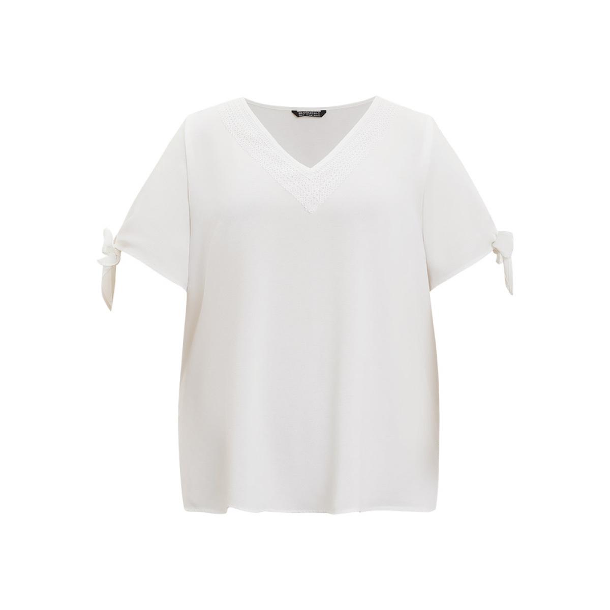 Plus Size Ivory Anti-Wrinkle Plain Lace Cut Out Knot Sleeve Blouse Women Office Short sleeve V-neck Office Blouses BloomChic 12/L Product Image