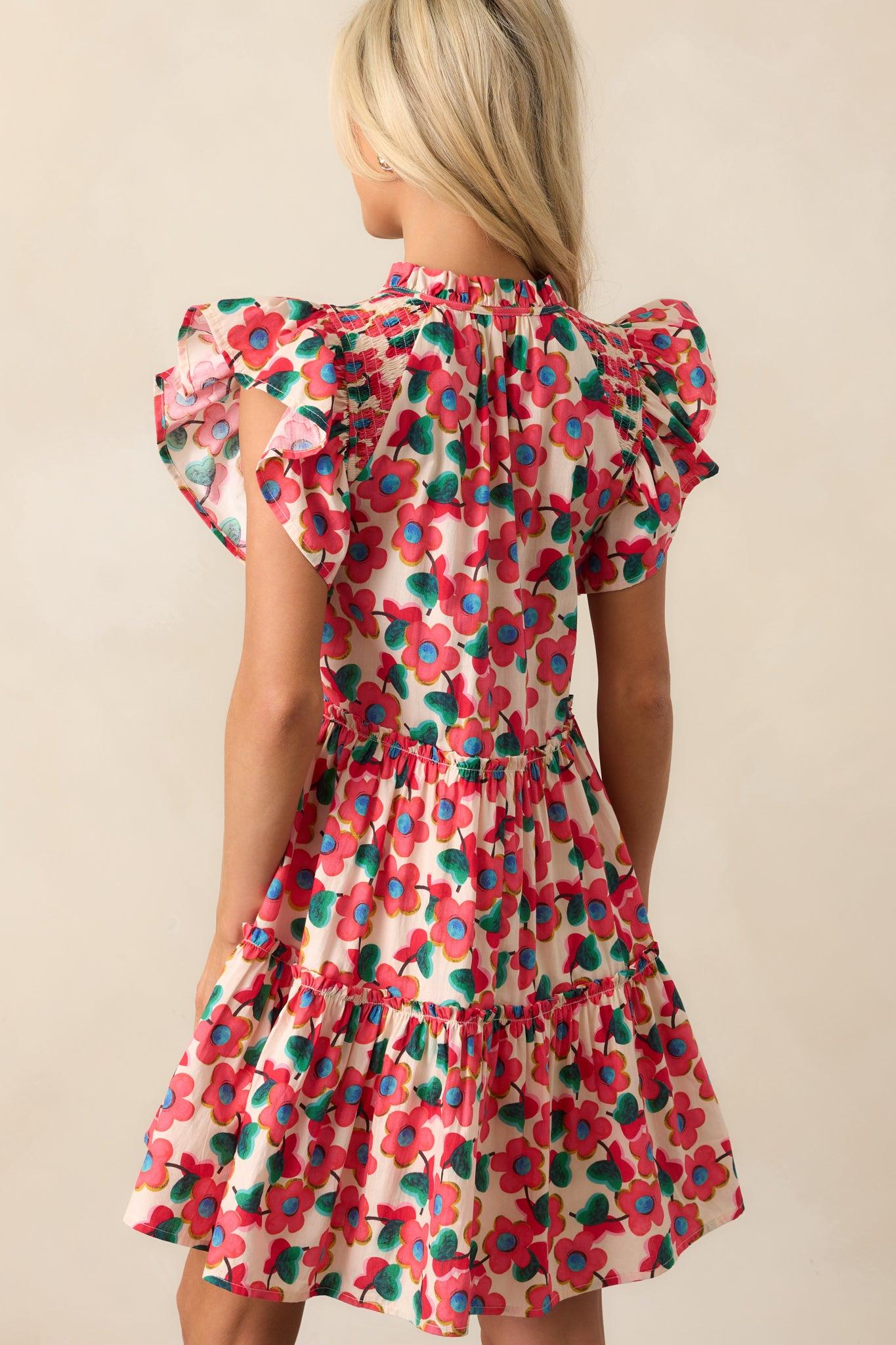 All You Need Red Floral Cotton Flutter Sleeve Mini Dress Product Image