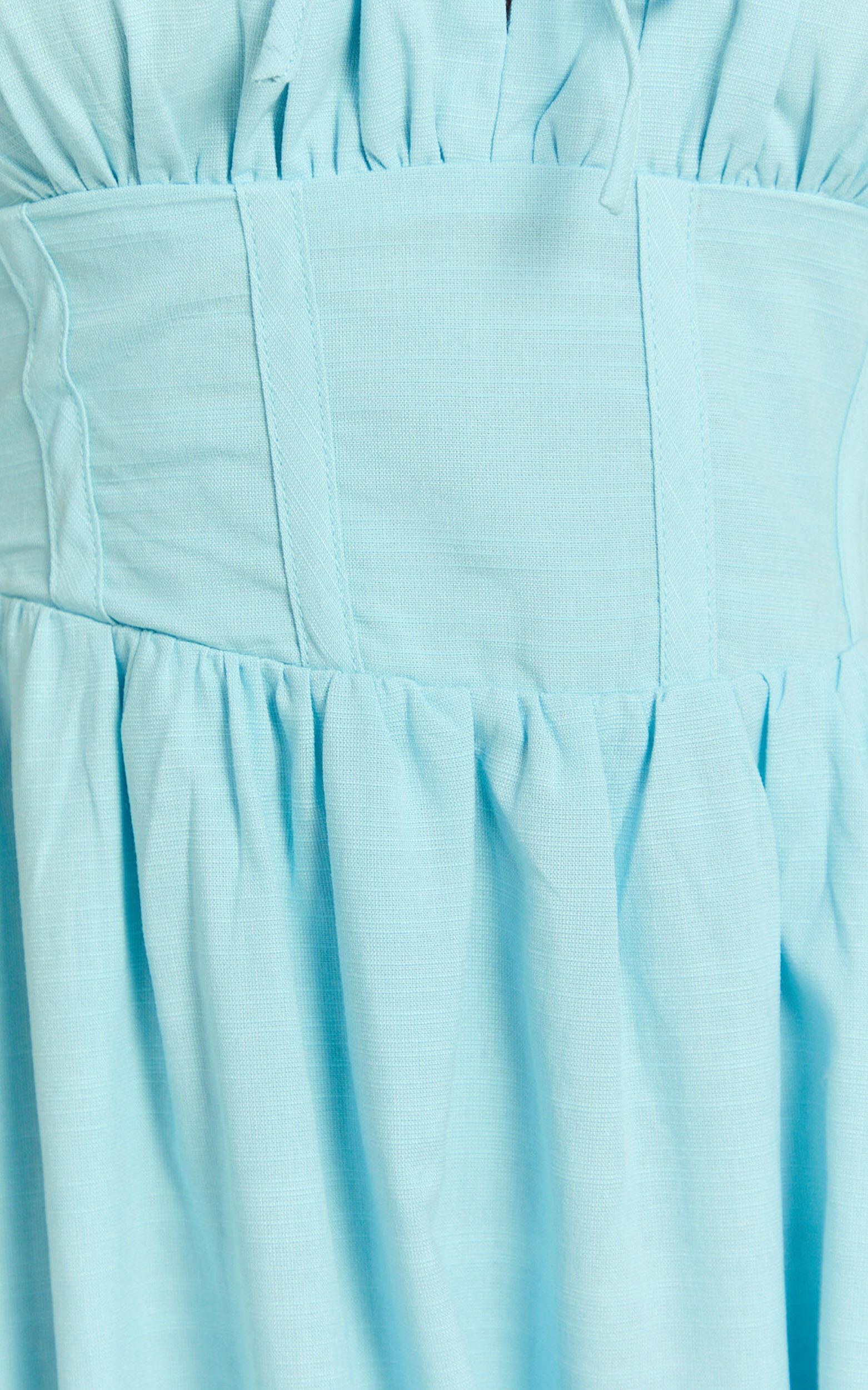 Haylee Midi Dress - Corset Waist Gathered Bust Dress in Blue Product Image