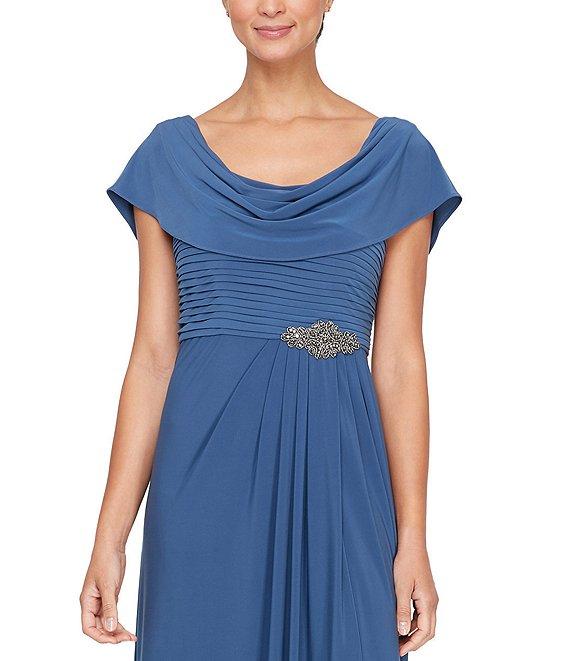 Alex Evenings Matte Jersey Cowl Neck Drape Back Detail Short Sleeve Side Embellishment Pleated Thigh High Slit Long Gown Product Image