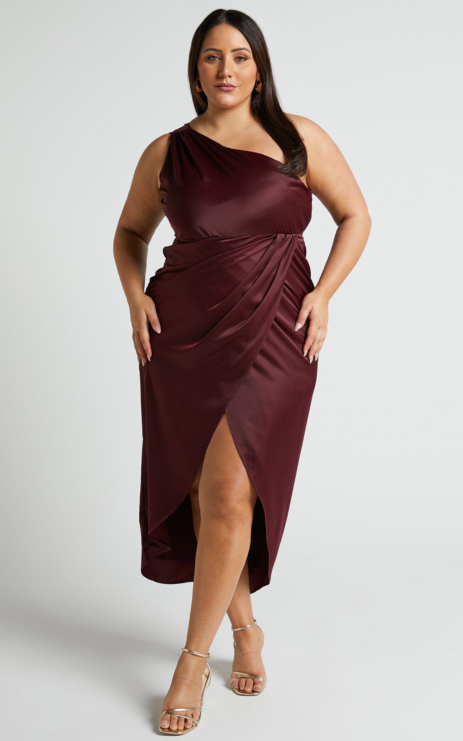 Felt So Happy Midi Dress - One Shoulder Drape Dress in Wine Product Image