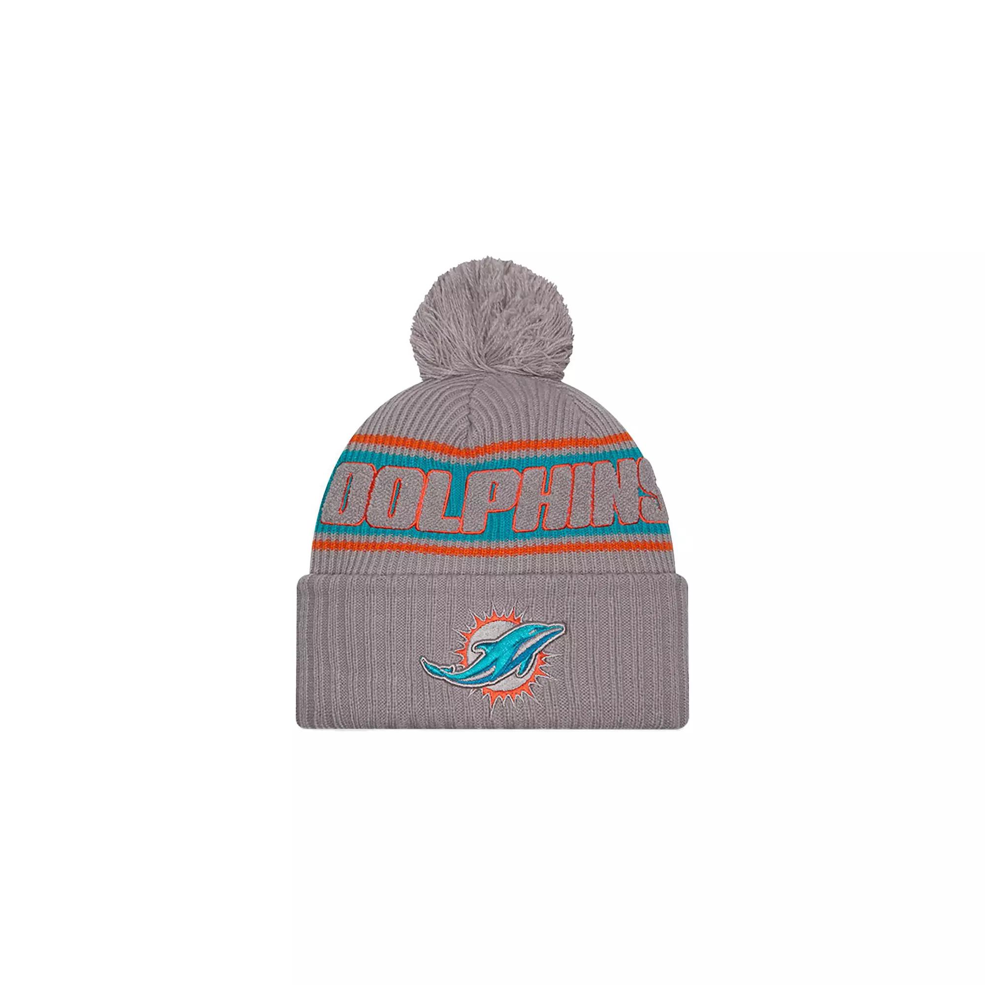 Men's New Era Gray Miami Dolphins 2024 Sideline Sport Cuffed Knit Hat with Pom, Grey Product Image
