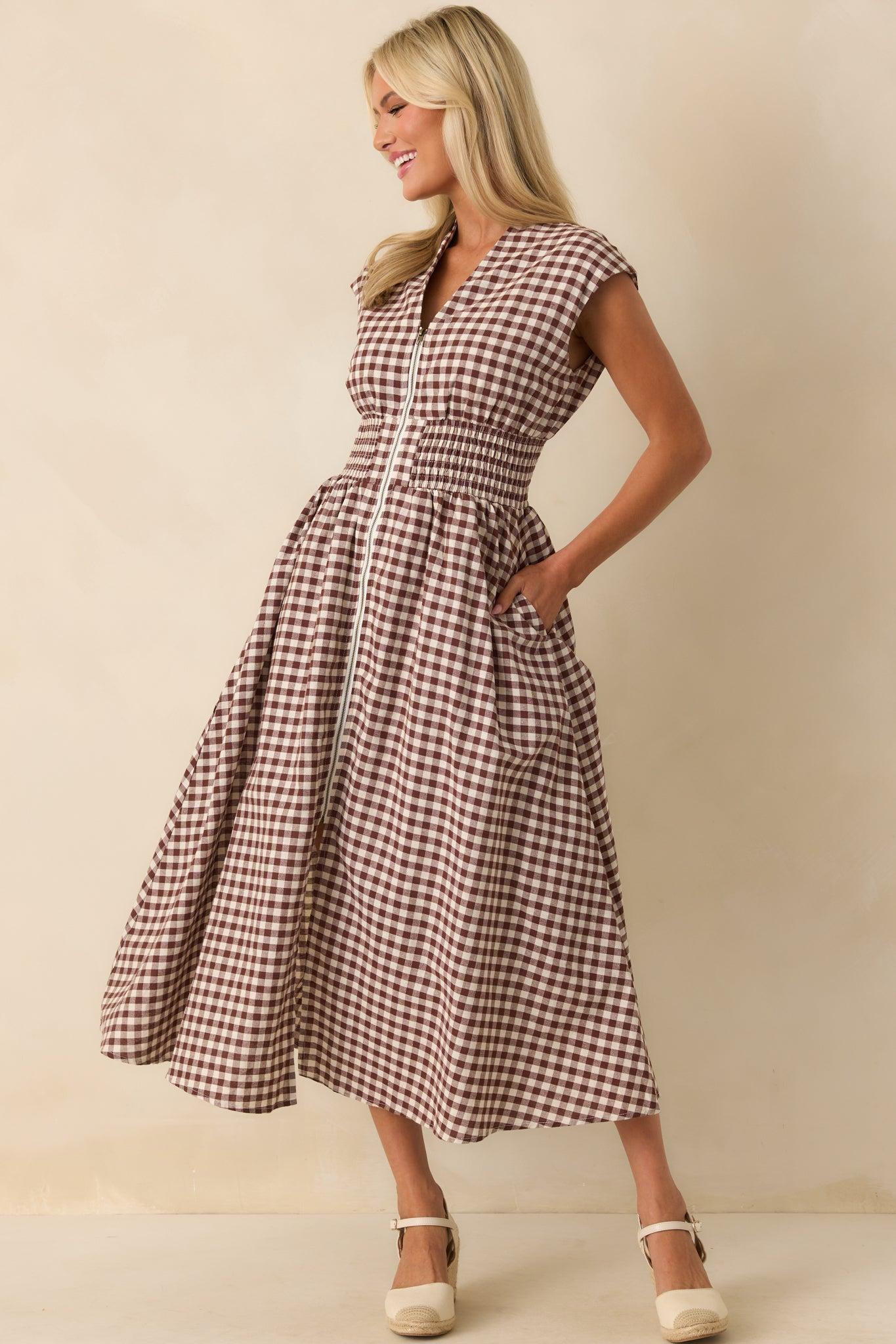 The Evette Brown Gingham Cotton Zip Front Midi Dress Product Image
