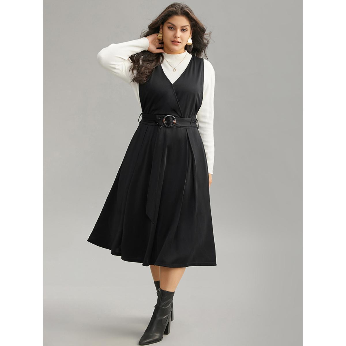 Plus Size Plain Buckle Detail Surplice Neck Tank Dress Black Women Elegant Wrap Overlap Collar Sleeveless Curvy Midi Dress BloomChic 22-24/3X Product Image