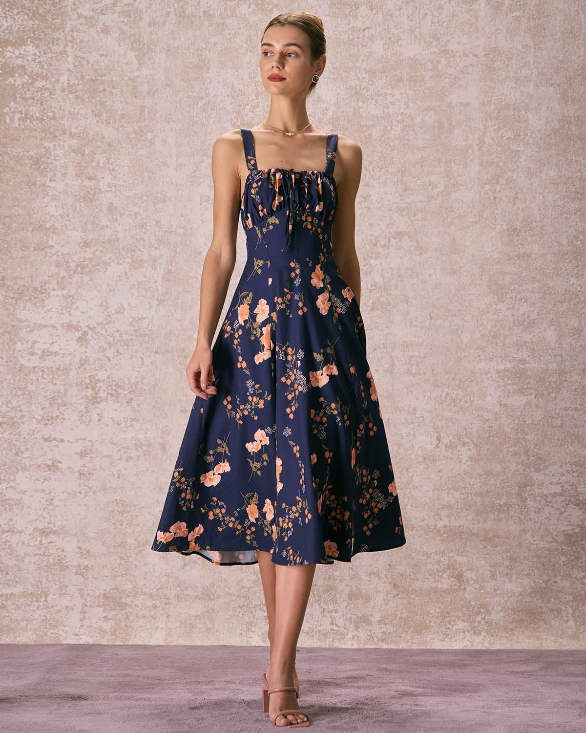 The Navy Lace Up Floral Ruched Midi Dress Product Image