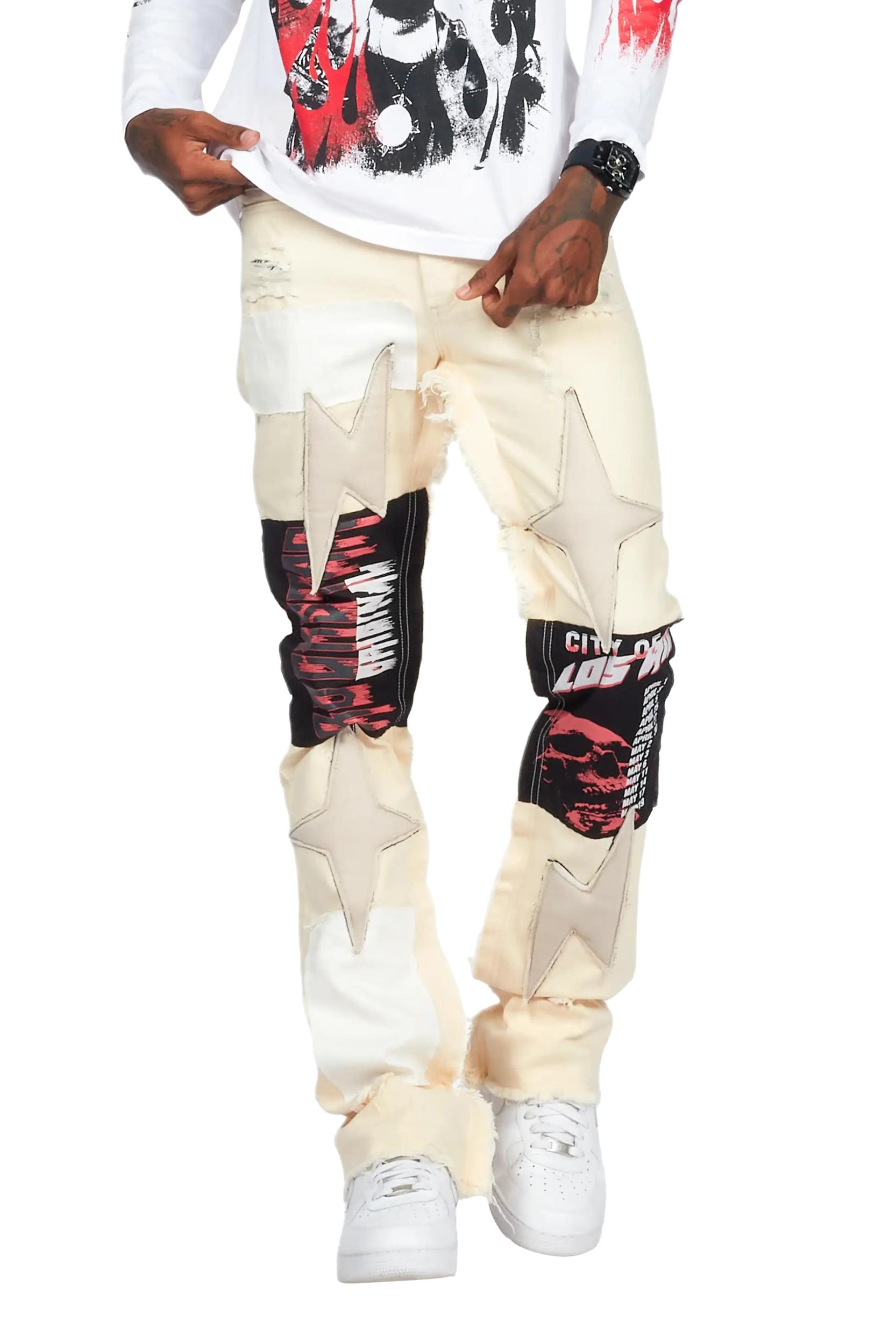 Rhys Beige Patchwork Stacked Flare Jean Male Product Image