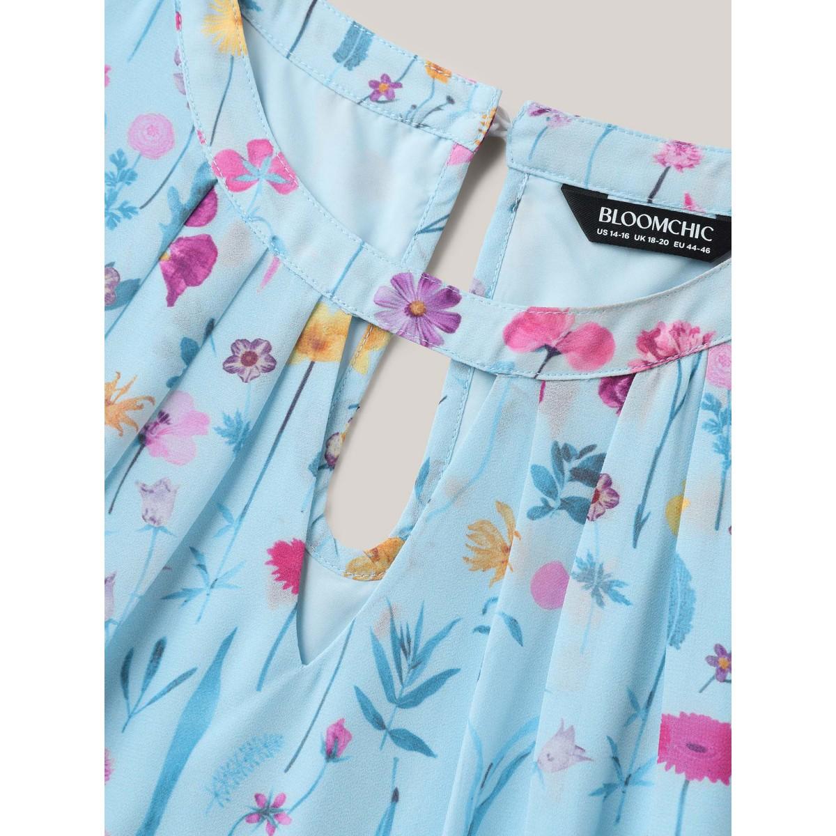 Plus Size Garden Print Stretchy Sheer Midi Dress LightBlue Women Round Neck Short sleeve Curvy BloomChic 10/M Product Image