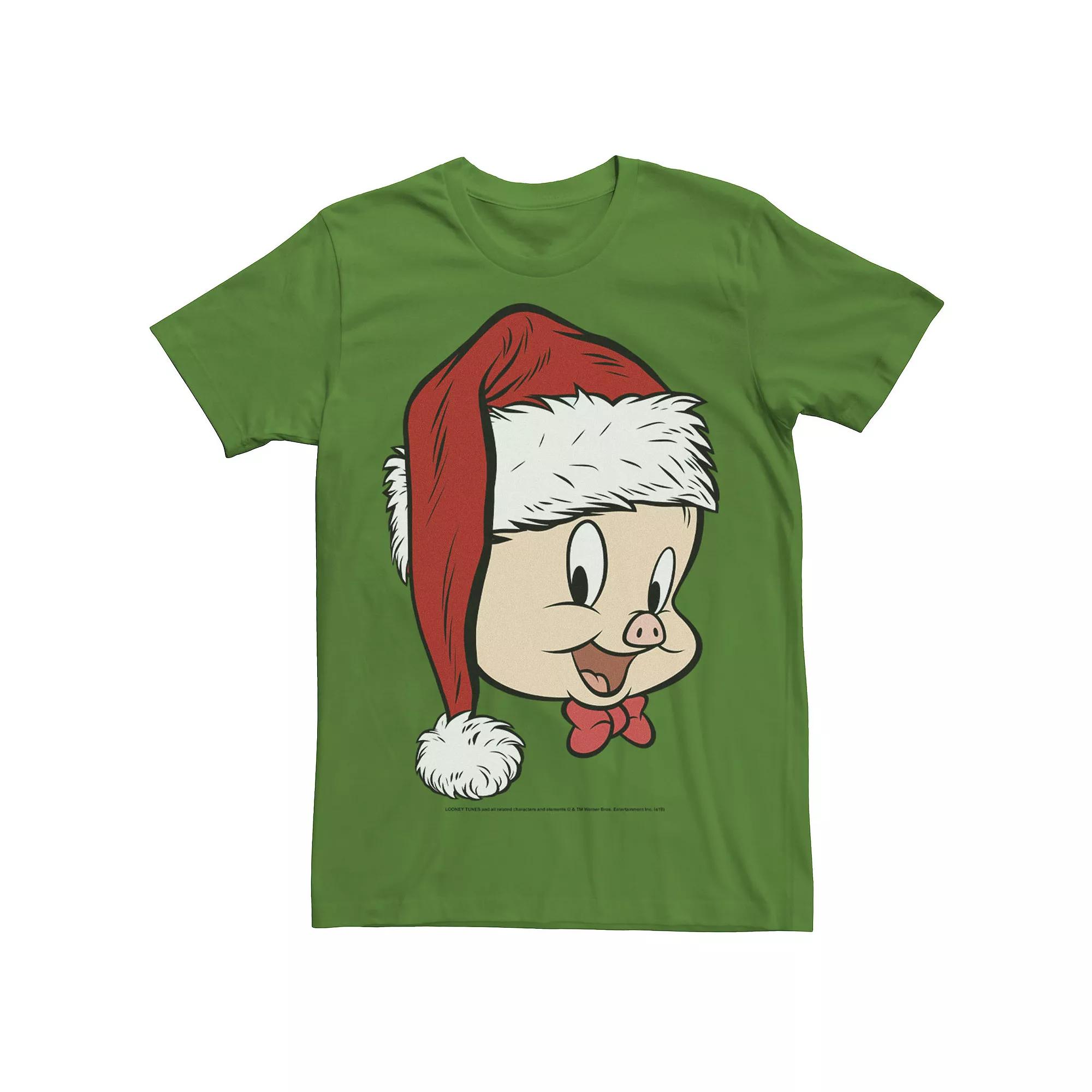 Men's Looney Tunes Christmas Porky Pig Santa Hat Portrait Tee,  Product Image