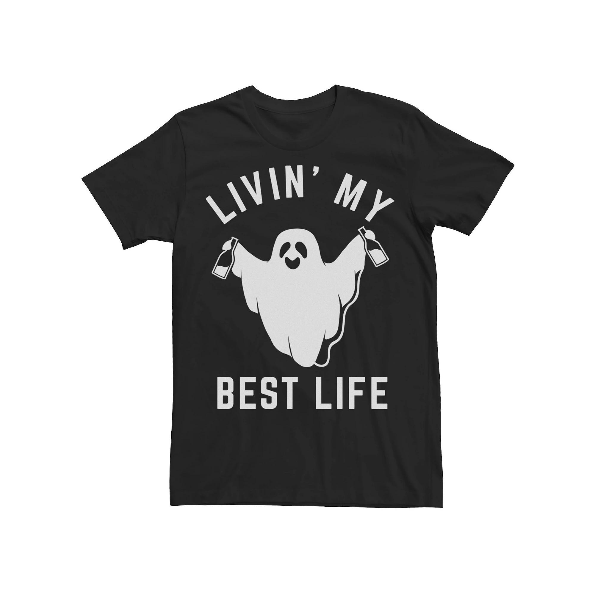 Mens Livin' My Best Life Drinking Ghost Halloween Tee, Men's,  Product Image