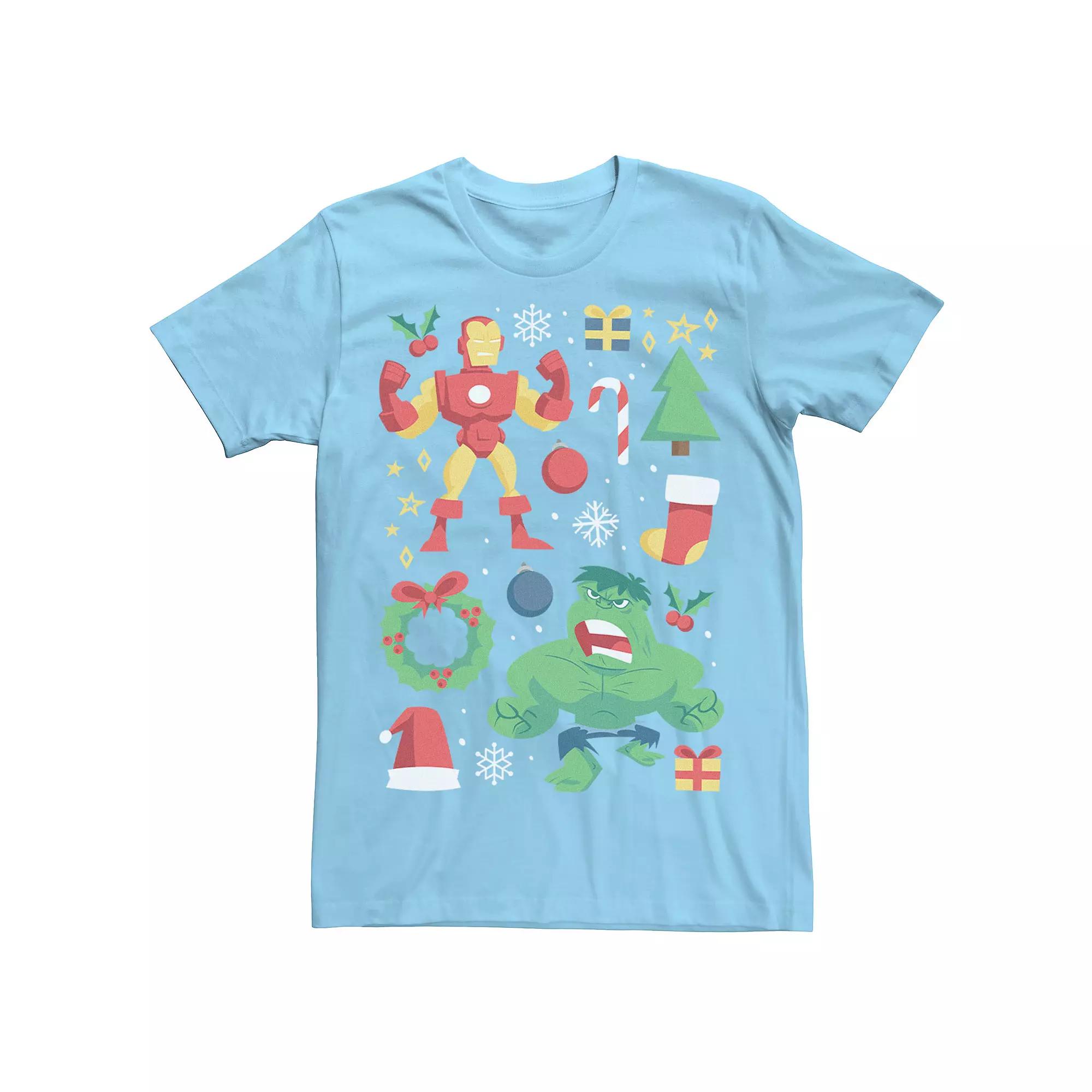 Men's Marvel Avengers Iron Man And Hulk Holiday Collage Graphic Tee, Size: Large, Light Blue Product Image