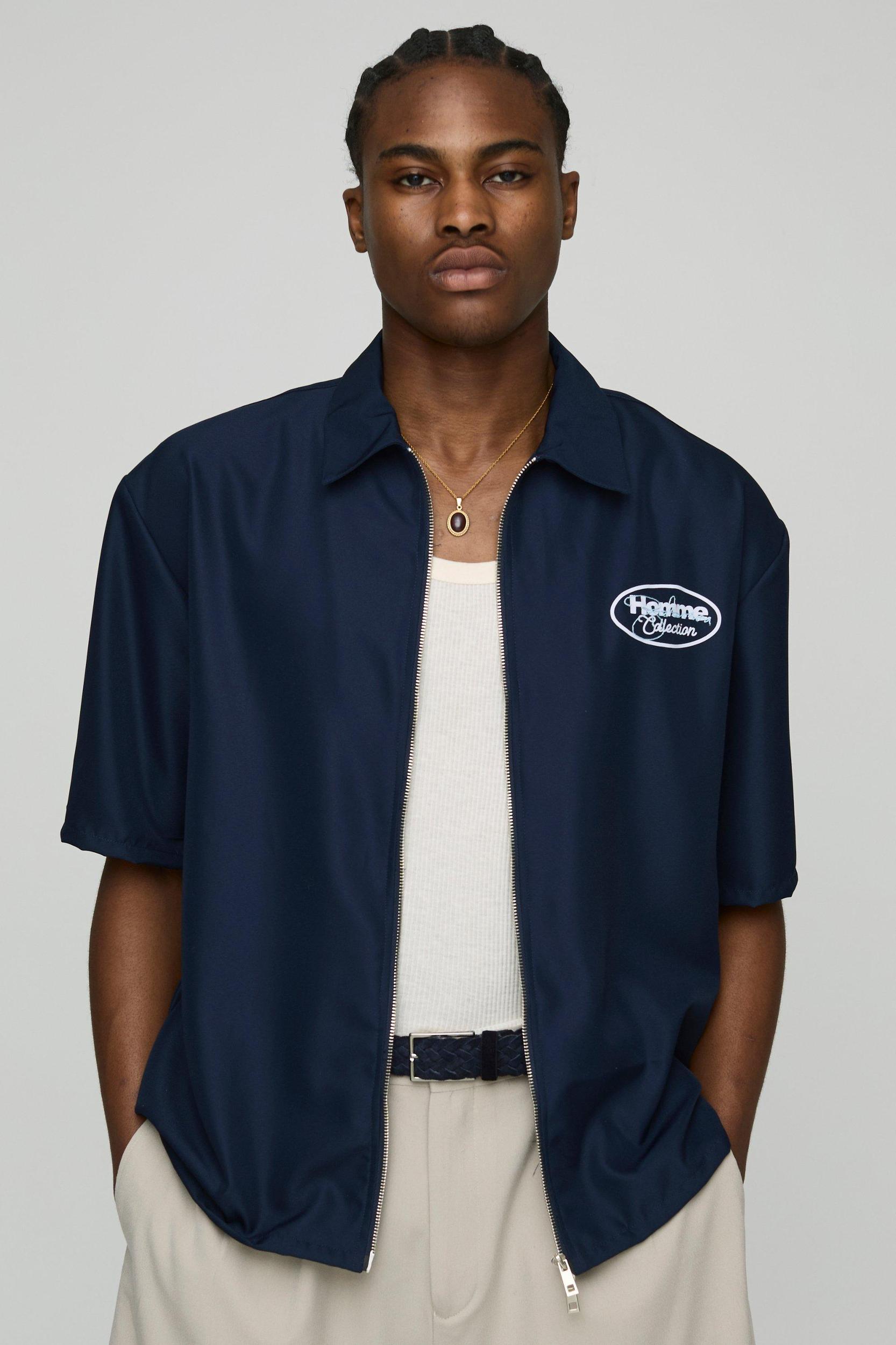Oversized Zip Through Soft Twill Homme Graphic Shirt | boohooMAN USA Product Image