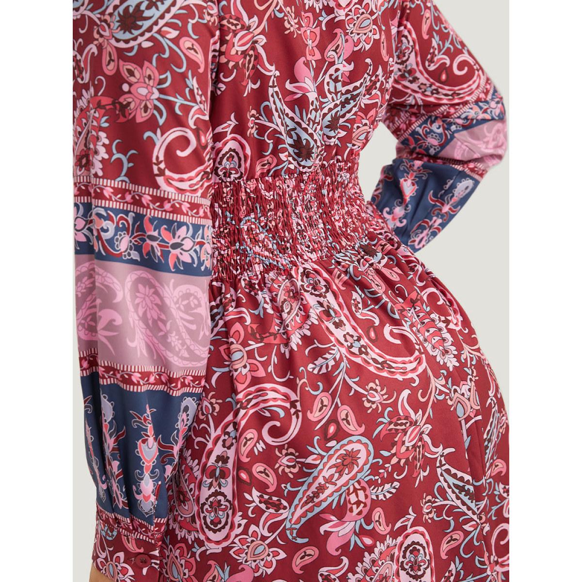 Plus Size Bandana Print Pocket Shirred Bowknot Dress Scarlet Women Vacation Cross straps V-neck Long Sleeve Curvy Midi Dress BloomChic 12/L Product Image
