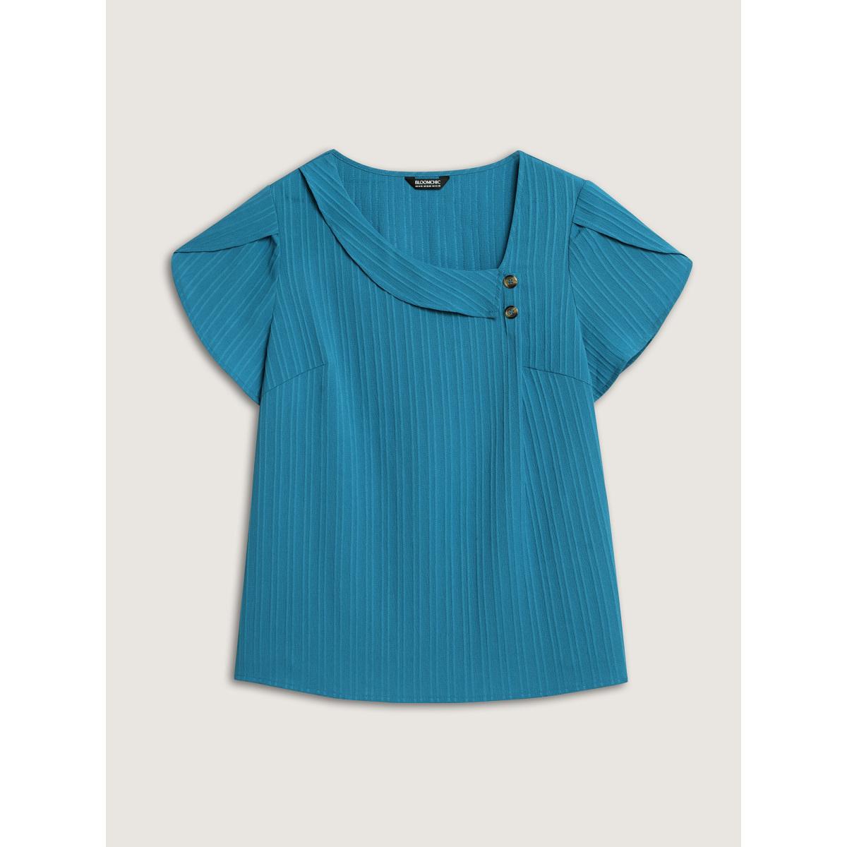 Plus Size Cerulean Textured Petal Sleeve Asymmetrical Neck Blouse Women Office Short sleeve Non Office Blouses BloomChic 30/6X Product Image