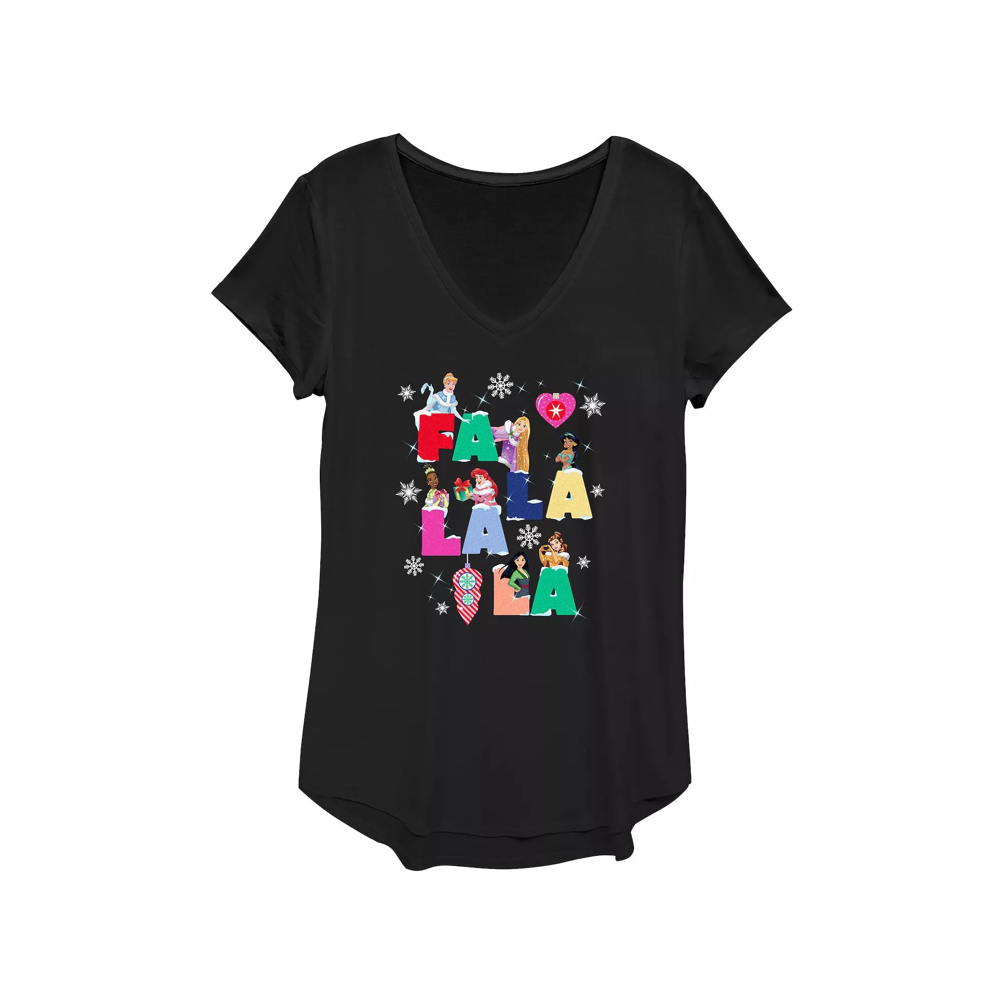 Disney Princess Cinderella, Rapunzel, Jasmine, Tiana, Ariel, Mulan & Belle Fa La La La Christmas Singing Women's Graphic Tee,  Product Image