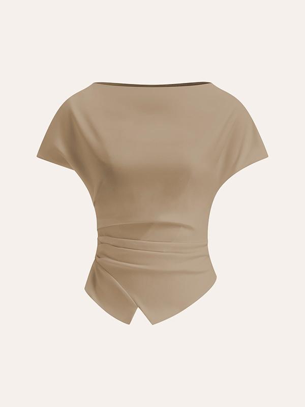Loose Raglan Sleeve Asymmetric Pleated Solid Color Split-Joint Round-Neck T-Shirts Product Image