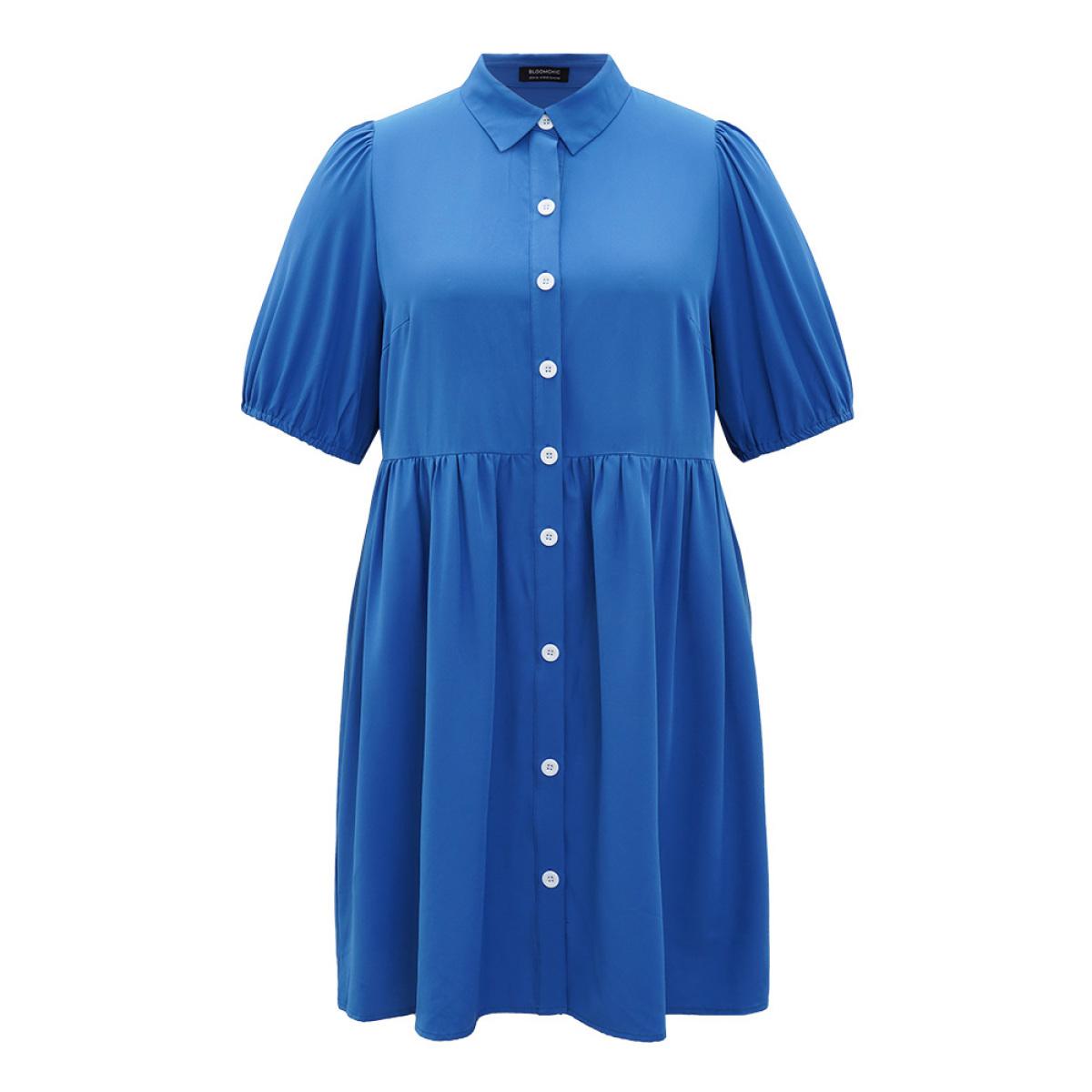 Plus Size Plain Shirt Collar Button Through Gathered Lantern Sleeve Dress Blue Women Elegant Elastic cuffs Shirt collar Half Sleeve Curvy Knee Dress BloomChic 18-20/2X Product Image