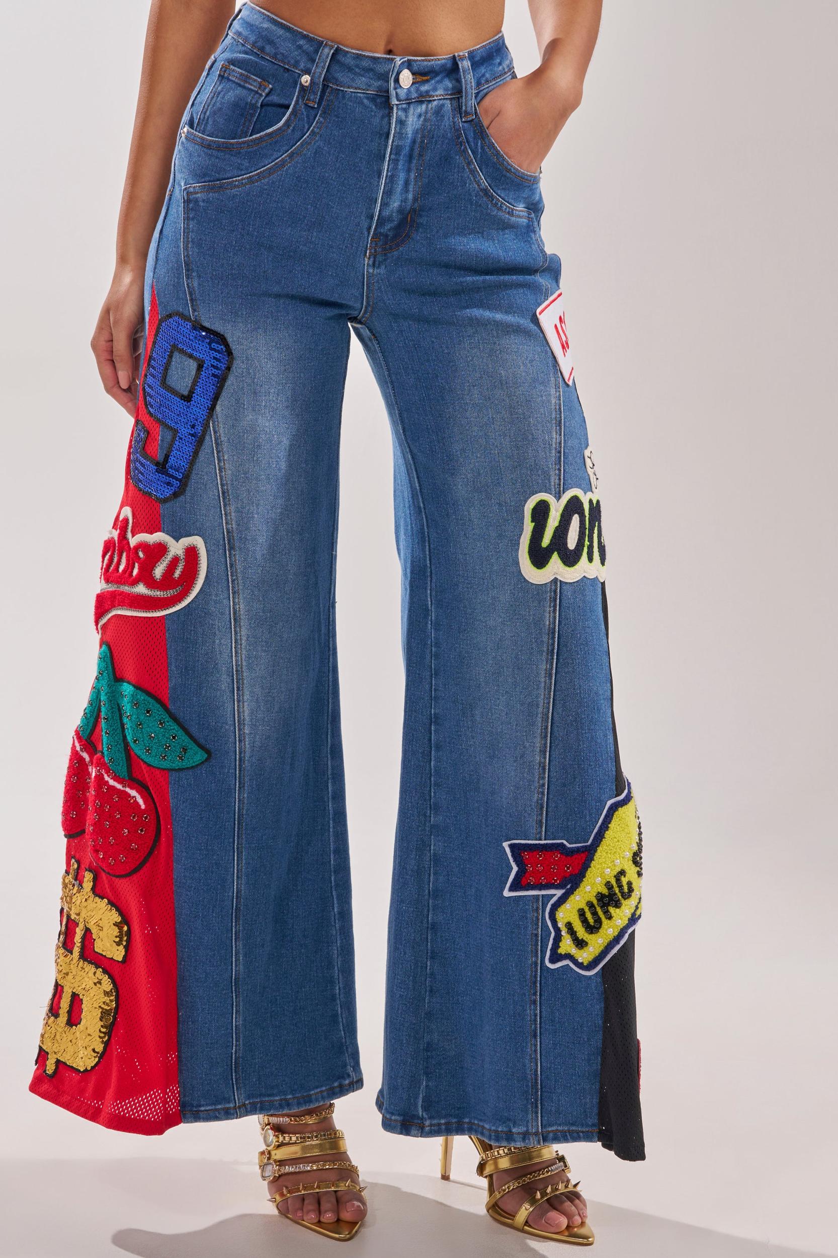 NOT SORRY PATCHWORK DENIM JEANS Product Image