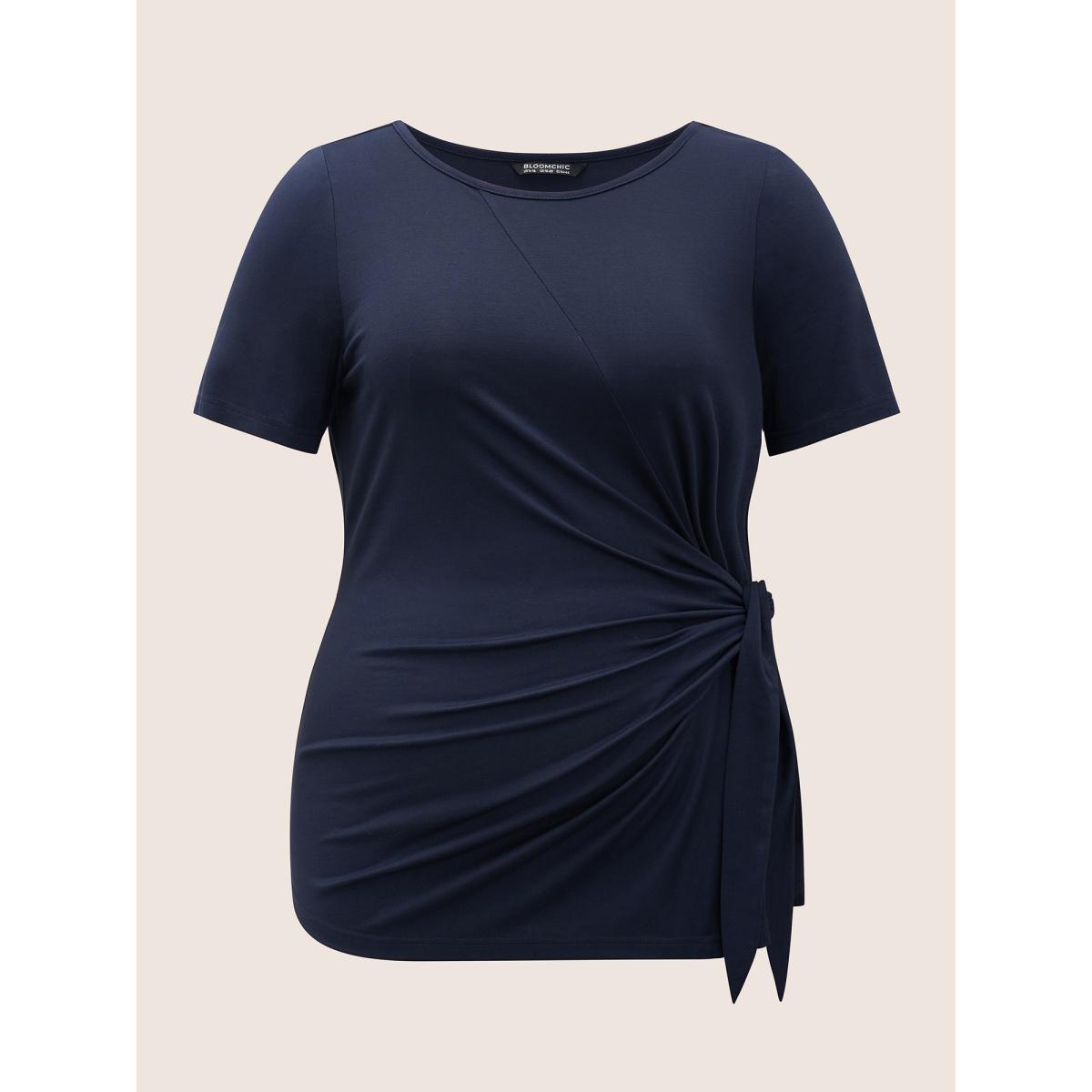 Plus Size Plain Ties Round Neck T-shirt Midnight Women Elegant Non Plain Round Neck Everyday T-shirts BloomChic 22-24/3X Product Image