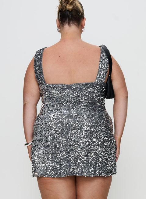 Miss Me Sequin Mini Dress Silver Curve Product Image