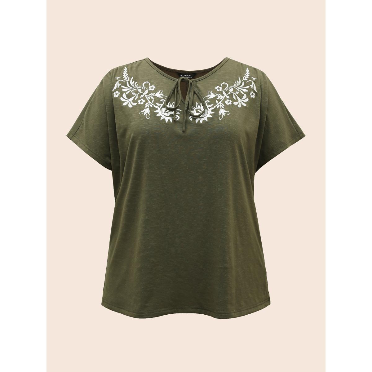 Plus Size Floral Embroidered Tie Knot Dolman Sleeve T-shirt ArmyGreen Women Resort Tie knot Art&design V-neck Vacation T-shirts BloomChic 26/4X Product Image